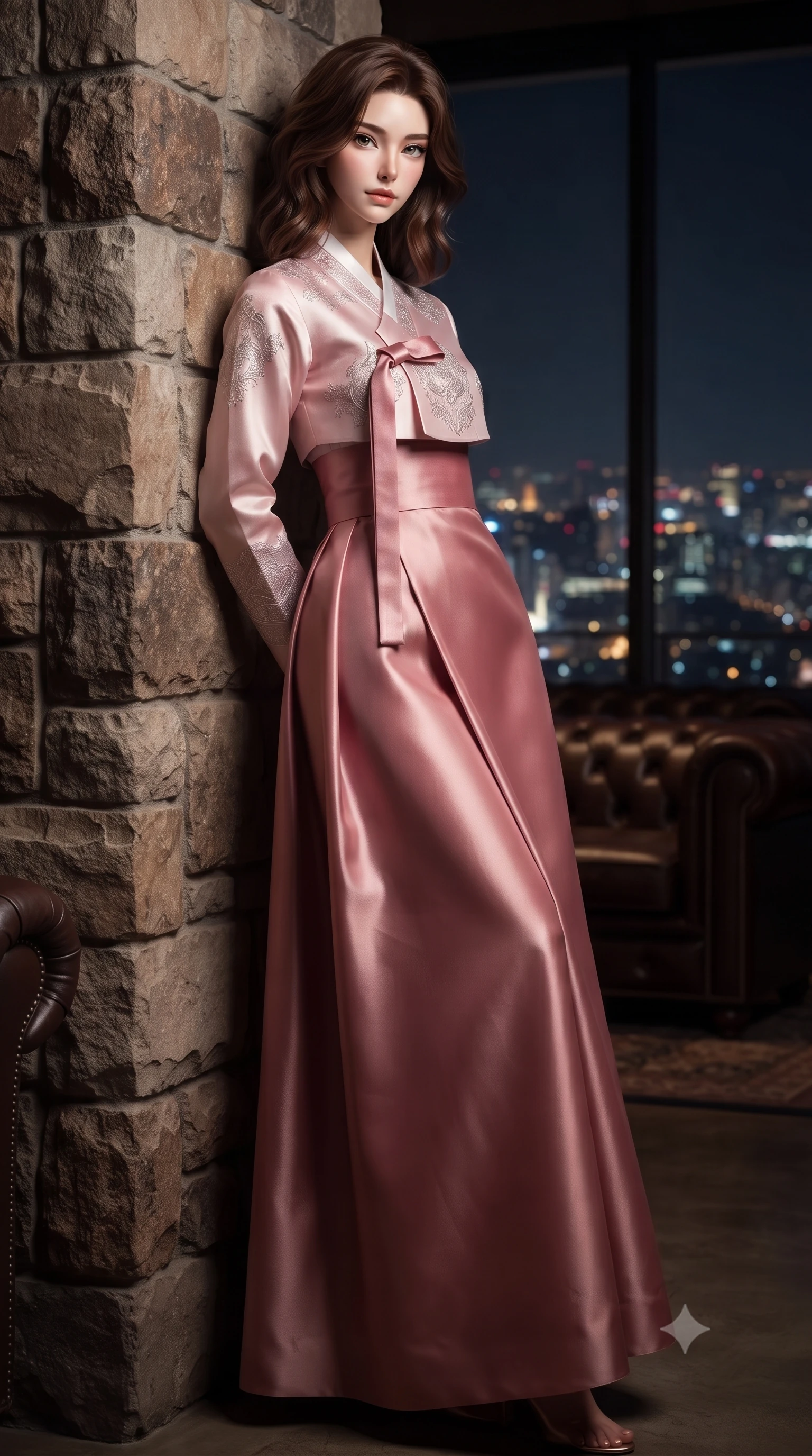 score_9, masterpiece, best quality, ultra-detailed, high-budget anime keyframe, editorial fashion photography, tasteful artistic composition, Korean woman. low angle full-body shot from head to toe showing her feet, filling the entire 9:16 vertical frame with her statuesque presence, stretching her vertical silhouette. leaning back against a rustic stone wall, casting a slow, alluring gaze at the camera the background shows a soft-focus a helipad lounge bar with leather sofas and panoramic views of the city at night. She has an absolutely perfect, statuesque 8.5-heads proportion, an exceptionally tall and slender model-like female figure with impossibly long slender legs and an ultra-slim waist. sharp v-shaped jawline, high-bridge nose, intricate jewel-like eyes with depth, thick eyelashes, glossy lips with a natural sheen. wearing a tailored modern fusion hanbok jeogori in light pink silk, paired with a high-waisted wrap skirt. soft spotlighting highlighting the silk textures of her gown. ultra-reflective glossy finish, specular highlights, metallic sheen, high-contrast stereoscopic depth, volumetric dynamic lighting, 2k, ultra detail, master piece, 9:16 ratio