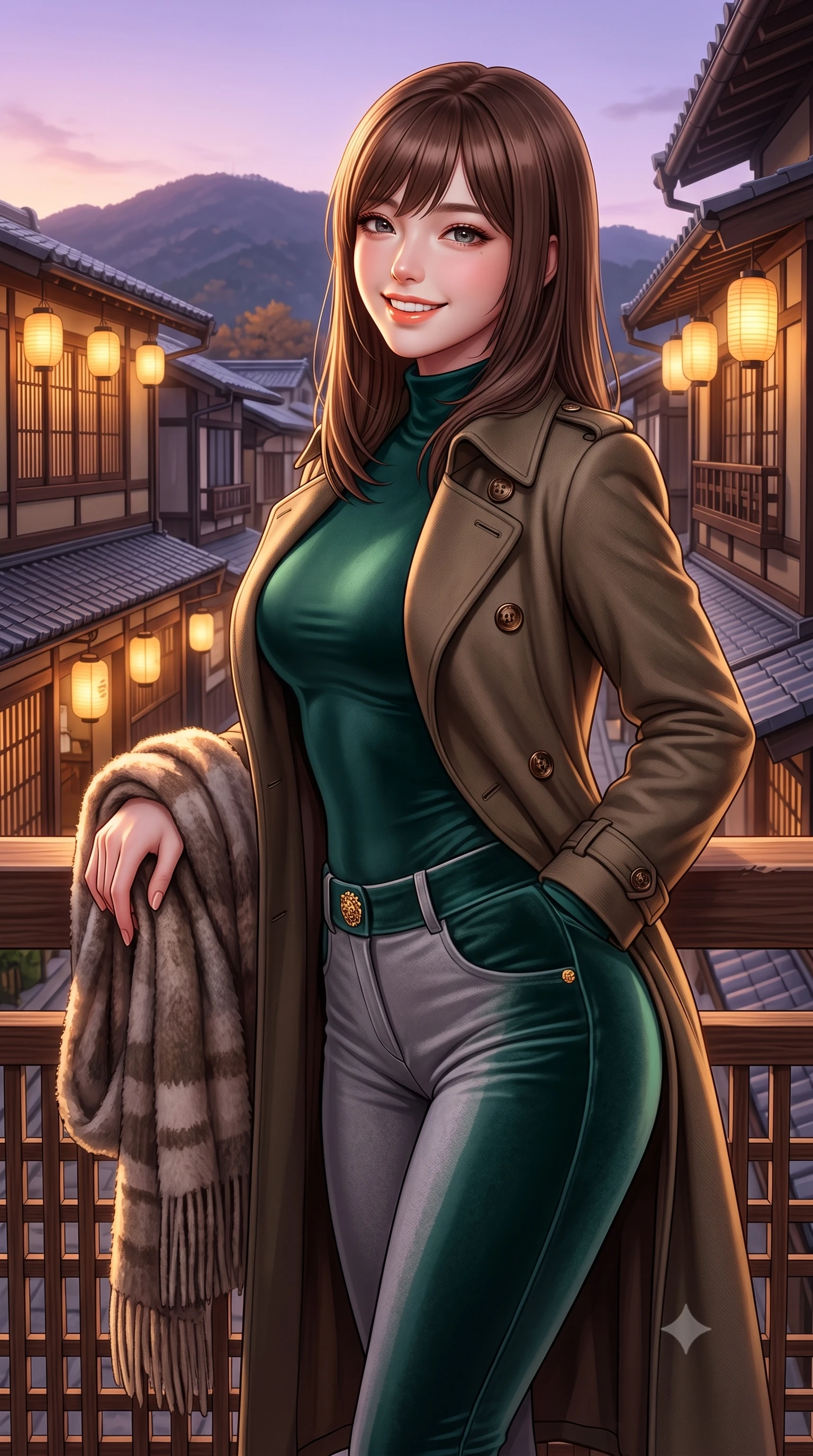 score_9, masterpiece, best quality, ultra-detailed, high-budget anime keyframe, semi-realistic 3D game render, editorial fashion photography, tasteful artistic composition, Korean woman. close-up cowboy shot from the waist and thighs up, the character dominates the composition, filling the frame with her large presence. turning in an alluring three-quarter profile with head tilted, her glossy parted lips and jewel-like eyes catching the warm light while leaning gently against the cedar lattice railing of the historic machiya balcony, one hand holding her scarf against the crisp evening breeze. The surrounding environment is rendered in vivid detail and crisp panoramic clarity: detailed double-breasted wool gabardine trench coat drape, horn buttons, and historic Japanese urban architecture in high resolution. She has an exceptionally elegant, slender, and willowy female figure with an ultra-slim waist, flat toned midriff, narrow ribcage, and sculpted feminine hips creating an alluring, slim hourglass silhouette without bulk. sharp v-shaped jawline, high-bridge nose, intricate jewel-like sparkling eyes with depth, thick eyelashes, glossy parted lips with a natural peach sheen, bright cheerful beaming smile with an enchanting and coquettish sensual glint, exuding both youthful cute charm and seductive allure, flawlessly proportioned anatomical accuracy, strict slender model proportions, natural body alignment, perfectly sculpted long slender limbs, ultra-slim waistline, clean dynamic posture without body distortion. wearing a form-fitting equestrian stretch bodysuit paired with snug tailored riding breeches and polished knee-high leather boots in St. Moritz pine forest emerald and heather grey, crafted from fluid liquid velvet offering rich tactile depth while adhering to her hourglass shape, accented with an ornate 24k gold lion-embossed crest button along the snug front closure, the body-conscious tailored knit hugging her sculpted torso and curvaceous hips in a seamless, fluid line that highlights her statuesque model proportions. bathed in the soft purple-gold twilight glow of autumn sunset over the Higashiyama mountains mixed with warm paper lantern lights. highly saturated vibrant anime colors, detailed shading with soft gradients, rich glossy textures, high-contrast stereoscopic depth, volumetric dynamic lighting, master piece, 9:16 ratio