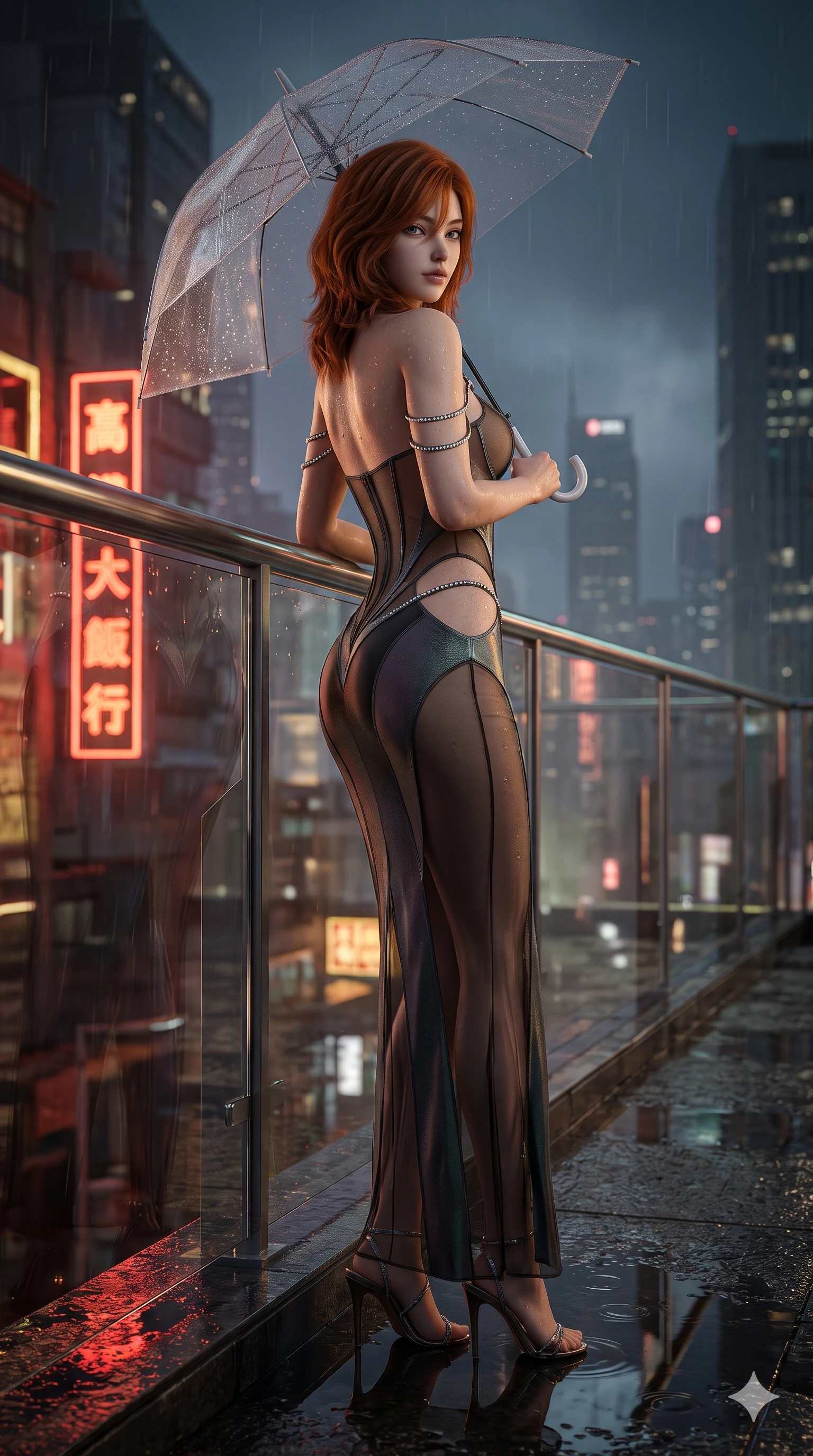 score_9, masterpiece, best quality, ultra-detailed, high-budget anime keyframe, semi-realistic 3D game render, editorial fashion photography, tasteful artistic composition, Korean woman. low angle full-body shot from head to toe showing her feet, filling the entire 9:16 vertical frame with her statuesque presence, stretching her vertical silhouette. leaning back against the sleek glass parapet with hips cocked back, casting an intoxicating, sultry bedroom-gaze over a bare shoulder toward the lens while twisting her slender torso in an alluring contrapposto stance, raindrops glistening on her bare skin as saturated neon signs reflect in puddles around her heels. The surrounding environment is rendered in vivid detail and crisp panoramic clarity: sharp wet asphalt grit texture, rain droplets beading on the translucent umbrella canopy, and puddle ripple reflections in deep focus. She has an exceptionally tall and slender model-like 8.5-heads proportion, an ultra-slim waist, a flat toned midriff, narrow delicate ribcage, and beautifully sculpted feminine hips creating a graceful, slim hourglass silhouette without any bulky heaviness, with impossibly long slender legs. sharp v-shaped jawline, high-bridge nose, intricate jewel-like dark sparkling eyes with dangerous depth, thick curled eyelashes, glossy parted lips with a rich wine sheen, smoldering seductive half-smile with bedroom-eyes, exuding effortless superiority and intoxicating dark allure, flawlessly proportioned anatomical accuracy, strict slender model proportions, natural body alignment, perfectly sculpted long slender limbs, ultra-slim waistline, clean dynamic posture without body distortion. wearing a sheer-illusion mesh corset gown with strategic opaque velvet panels framing her waist and hips in iridescent petroleum beetle-sheen and deep graphite, adorned with laser-cut diamond side panels revealing teasing glimpses of bare skin, finished with delicate crystal-encrusted thigh garter straps glinting in the neon glare, the liquid-tight tailored fabric clinging flawlessly to her narrow waist and rounded feminine hips, emphasizing every millimeter of her sculpted slim hourglass curves without any bulky heaviness. bathed in intense saturated crimson and warm gold neon underlights contrasting with dark rain-soaked shadow tones. highly saturated vibrant anime colors, detailed shading with soft gradients, rich glossy textures, high-contrast stereoscopic depth, volumetric dynamic lighting, master piece, 9:16 ratio