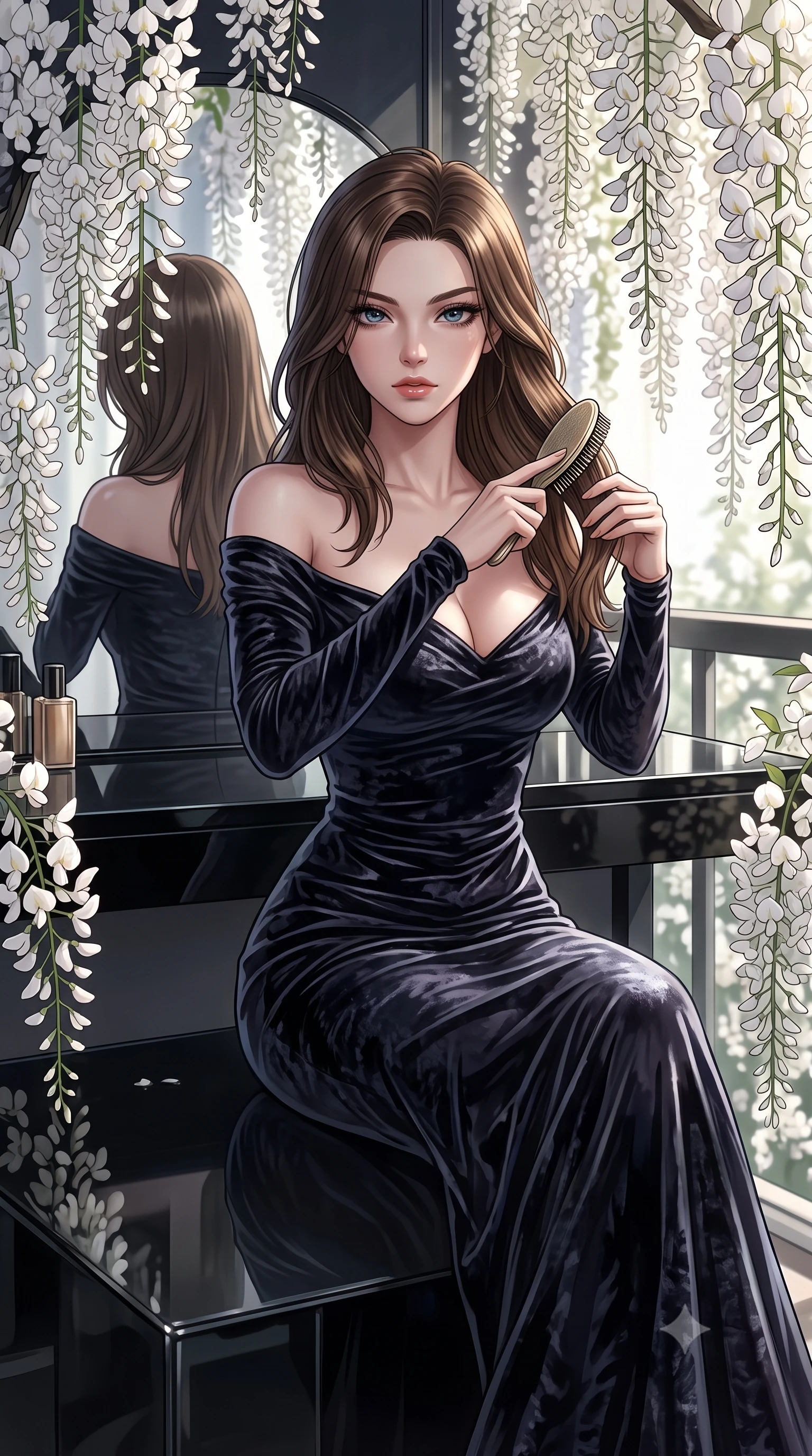 score_9, masterpiece, best quality, ultra-detailed, High-budget Anime Keyframe, East Asian woman. Low angle cowboy shot filling the entire 9:16 frame with her statuesque presence. Scenario 258: brushing her hair while seated before a vanity of black glass in a quiet balcony surrounded by trailing white wisteria flowers. Her presence is magnetic and overpowering in this high-budget anime scene. Outfit 258: a slim-fit crushed dark velvet long with a low-cut shoulder and wet-look texture. The clothing is designed to emphasize her exceptionally tall and slender 8-heads proportion. 8-heads proportion, towering silhouette, ultra-slim waist. sharp v-shaped jawline, intricate jewel-like eyes with depth, thick eyelashes, glossy lips. 2k, ultra detail, master piece, 9:16 ratio