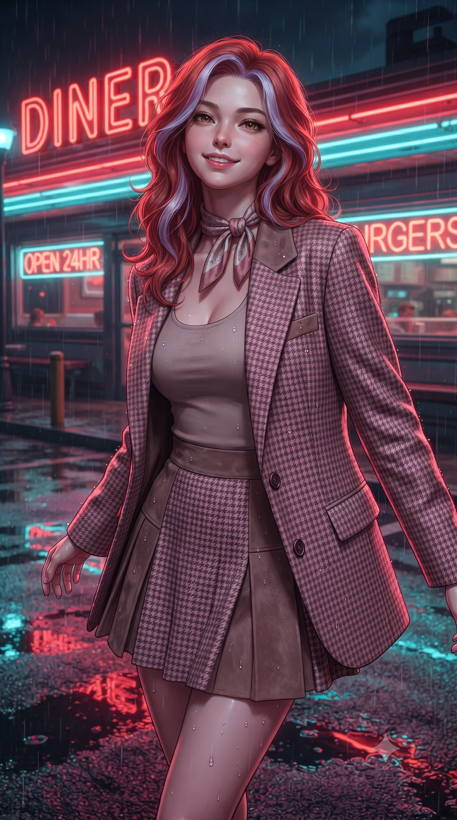 score_9, masterpiece, best quality, ultra-detailed, high-budget anime keyframe, editorial fashion photography, tasteful artistic composition, Caucasian woman. close-up cowboy shot from the waist and thighs up, the character dominates the composition, filling the frame with her large presence. tilting her chin up with proud, sovereign confidence while gazing directly into the lens with thick, dark eyelashes while pivoting playfully outside a retro diner's glowing neon window, smiling with infectious nostalgic girlhood charm. The surrounding environment is rendered in vivid detail and crisp panoramic clarity. crisp neon tube lettering, distinct raindrop beads on leather jacket, and wet asphalt textures in deep focus. She has an exceptionally elegant, slender, and willowy female figure with an ultra-slim waist, a gracefully sculpted slender torso, toned flat midriff, and a refined slim silhouette. sharp v-shaped jawline, high-bridge nose, intricate jewel-like eyes with depth, thick eyelashes, glossy lips with a natural sheen, captivating and magnetic expression, flawlessly proportioned anatomical accuracy, strict slender model proportions, natural body alignment, perfectly sculpted long slender limbs, ultra-slim waistline, clean dynamic posture without body distortion. wearing a tailored 90s houndstooth oversized blazer over a simple scoop-neck top and a high-waisted pleated wool mini-skirt in dusty rose pink and vintage heather grey, tailored from velvety soft genuine suede with classic stitched seams, complemented by a delicate silk scarf tied playfully around her neck, the liquid-tight tailored fabric emphasizing every curve of her tall, slender model proportions and sculptured silhouette during dynamic movement. bathed in rich neon red and cyan streetlamp glow bouncing off wet asphalt surfaces. ultra-reflective glossy finish, specular highlights, rich textural contrasts, high-contrast stereoscopic depth, volumetric dynamic lighting, 2k, ultra detail, master piece, 9:16 ratio