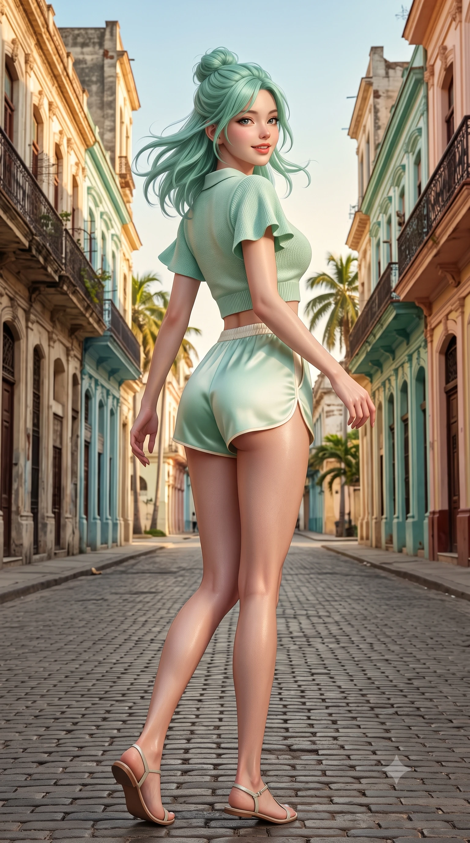 score_9, masterpiece, best quality, ultra-detailed, high-budget anime keyframe, semi-realistic 3D game render, editorial fashion photography, tasteful artistic composition, Japanese woman. low angle full-body shot from head to toe showing her feet, filling the entire 9:16 vertical frame with her statuesque presence, stretching her vertical silhouette. executing a cheerful mid-motion pivot turn as her skirt flutters around her slender legs, glancing over her shoulder with an intoxicating, teasing cute expression while twisting her slender torso in an alluring S-curve in the warm tropical breeze, flashing a beaming smile with parted glossy lips. The surrounding environment is rendered in vivid detail and crisp panoramic clarity. detailed linen sundress weave, tropical sun glints on skin, and Old Havana street architecture in high resolution. She has an exceptionally tall and slender model-like 8.5-heads proportion, an ultra-slim waist, a flat toned midriff, narrow delicate ribcage, and beautifully sculpted feminine hips creating a graceful, slim hourglass silhouette without any bulky heaviness, with impossibly long slender legs. sharp v-shaped jawline, high-bridge nose, intricate jewel-like sparkling eyes with depth, thick eyelashes, glossy parted lips with a natural peach sheen, bright cheerful beaming smile with an enchanting and coquettish sensual glint, exuding both youthful cute charm and seductive allure, flawlessly proportioned anatomical accuracy, strict slender model proportions, natural body alignment, perfectly sculpted long slender limbs, ultra-slim waistline, clean dynamic posture without body distortion. wearing a cropped knitted polo sweater paired with high-cut tailored tennis shorts hugging her rounded hips in refreshing mint green and soft vanilla cream, made of smooth fluid silk satin with a delicate pearlescent sheen, featuring elegant flutter sleeves and a graceful square neckline, the precision-cut side openings and low-back scoop framing her graceful spine and the sensual sweep of her slim, toned hips. illuminated by warm wall bounce light sharply sculpting her razor-sharp jawline, narrow waist, and curvy hips. highly saturated vibrant anime colors, detailed shading with soft gradients, rich glossy textures, high-contrast stereoscopic depth, volumetric dynamic lighting, master piece, 9:16 ratio