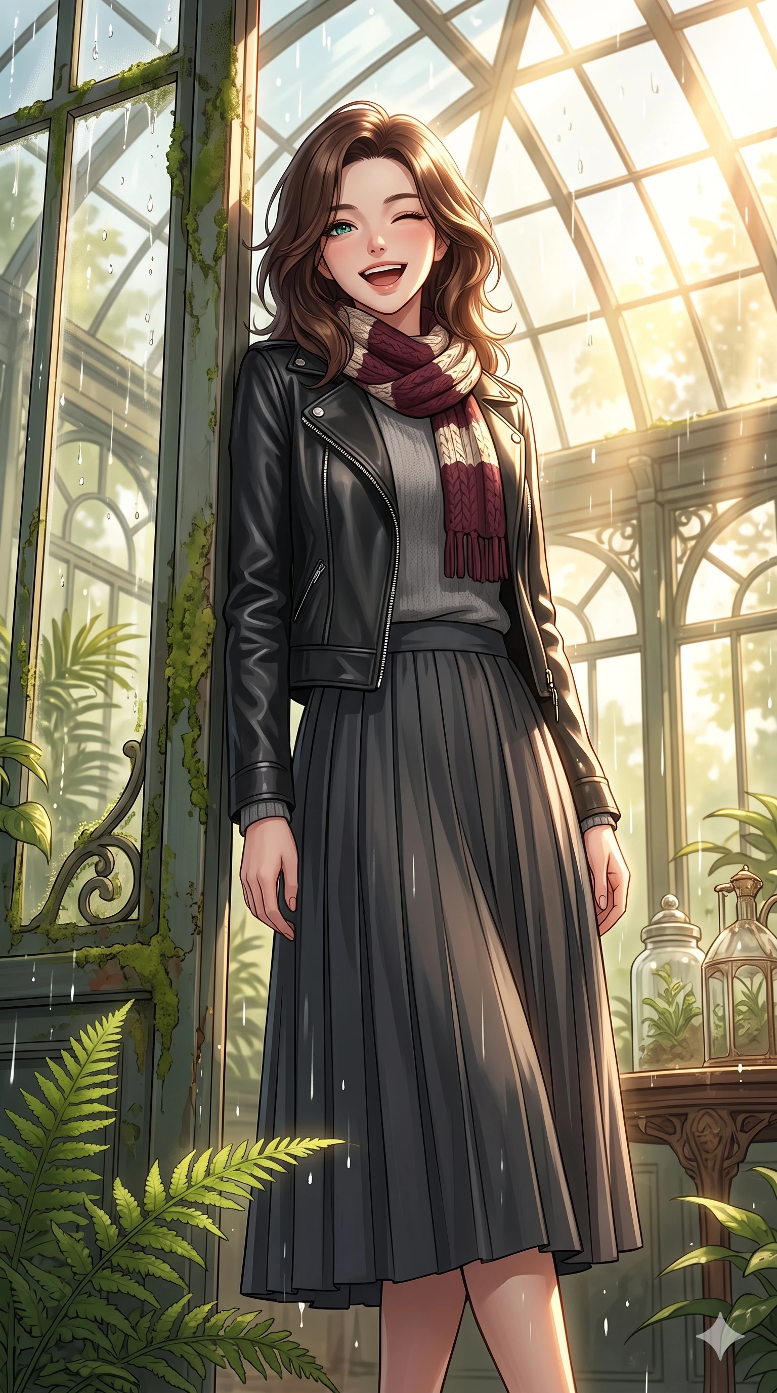 score_9, masterpiece, best quality, ultra-detailed, high-budget anime keyframe, vibrant anime aesthetic, Korean woman. low angle full-body shot from head to toe showing her feet, filling the entire 9:16 vertical frame with her statuesque presence, stretching her vertical silhouette. She is leaning against a greenhouse frame, winking and laughing happily, her eyes glowing with lively energy with a gentle tilt of her head. inside an elegant art-nouveau conservatory filled with lush ferns, under a sun shower with volumetric light beams (Code-P22-004). She has an absolutely perfect 8-heads proportion, an exceptionally tall and slender female figure with impossibly long slender legs and an ultra-slim waist. V-shaped jawline, high-bridge nose, intricate jewel-like eyes with depth, thick eyelashes, glossy lips with a natural sheen. wearing a sleek black leather jacket over a grey crewneck sweater and a pleated midi skirt with a knitted scarf. She is drenched in bright, warm sun showers, casting sharp highlights on the raindrops, creating a warm, inviting, and atmospheric glow in the rainy afternoon. 2k, ultra detail, master piece, 9:16 ratio