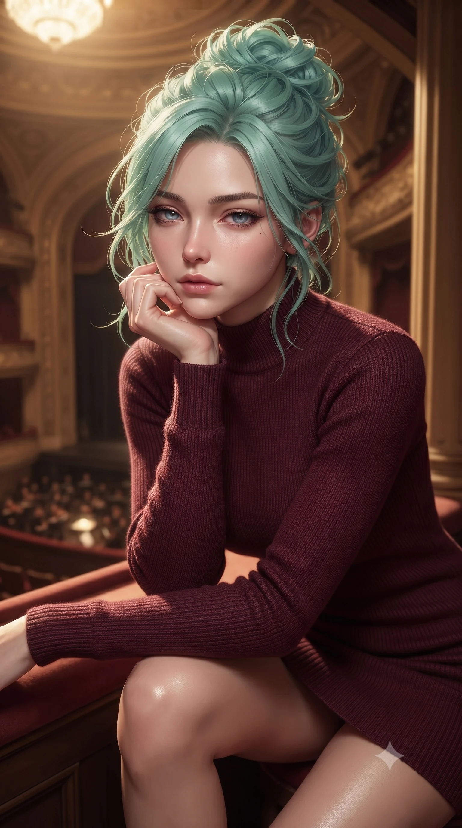 score_9, masterpiece, best quality, ultra-detailed, high-budget anime keyframe, editorial fashion photography, tasteful artistic composition, Japanese woman. close-up cowboy shot from the waist and thighs up, the character dominates the composition, filling the frame with her large presence, background elements kept in soft focus. resting her chin on the backs of her fingers, casting a heavy-lidded, sultry look past the camera the background shows a soft-focus a private balcony alcove of a historic grand theater overlooking the empty orchestra pit. She has an exceptionally elegant, slender, and willowy female figure with an ultra-slim waist, a gracefully sculpted slender torso, and a refined silhouette. sharp v-shaped jawline, high-bridge nose, intricate jewel-like eyes with depth, thick eyelashes, glossy lips with a natural sheen. wearing a form-contouring form-contouring bodycon sweater dress in deep burgundy, featuring a snug mock-neck. a single warm spotlight from the stage tracing her statuesque posture. ultra-reflective glossy finish, specular highlights, metallic sheen, high-contrast stereoscopic depth, volumetric dynamic lighting, 2k, ultra detail, master piece, 9:16 ratio
