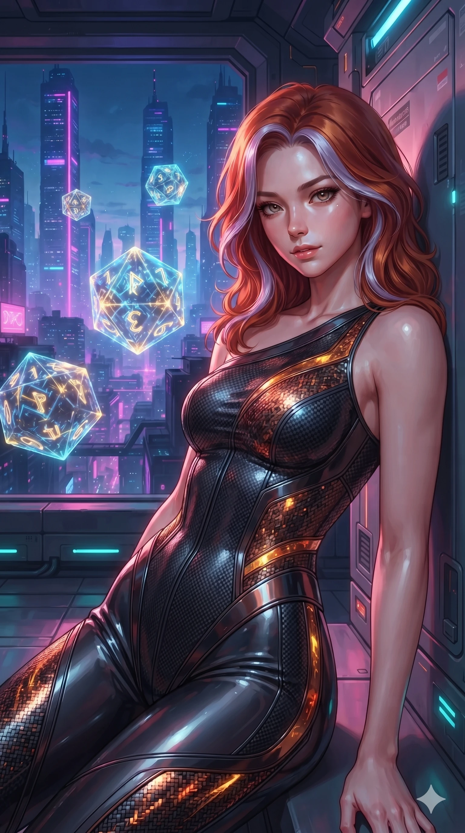 score_9, masterpiece, best quality, ultra-detailed, high-budget anime keyframe, editorial fashion photography, tasteful artistic composition, Caucasian woman. close-up cowboy shot from the waist and thighs up, the character dominates the composition, filling the frame with her large presence. leaning back against the glowing maintenance bulkhead with relaxed seductive grace, her flat midriff and narrow waist highlighted as laser ambient light traces her curves while standing poised against the floor-to-ceiling panoramic glass overlooking towering neon skyscrapers, arching her spine with sovereign glamour as giant holographic dice tumble in mid-air. The surrounding environment is rendered in vivid detail and crisp panoramic clarity: detailed bodycon evening tailoring, metallic chain straps, and futuristic penthouse architecture in razor-sharp clarity. She has an exceptionally elegant, slender, and willowy female figure with an ultra-slim waist, flat toned midriff, narrow ribcage, and sculpted feminine hips creating an alluring, slim hourglass silhouette without bulk. sharp v-shaped jawline, high-bridge nose, intricate jewel-like sparkling eyes with depth, thick eyelashes, glossy parted lips with a natural sheen, bright confident smile with an enchanting and coquettish sensual glint, exuding both youthful magnetic charm and sovereign high-tech allure, flawlessly proportioned anatomical accuracy, strict slender model proportions, natural body alignment, perfectly sculpted long slender limbs, ultra-slim waistline, clean dynamic posture without body distortion. wearing an asymmetric one-shoulder combat catsuit with carbon-weave paneling and an open-waist architecture emphasizing her hips in fiery geothermal copper and molten amber glow, woven from high-density tech-wool with subtle metallic thread weave, accented with strategically placed chrome armor plate guards covering key curves, the form-fitting tactical tailoring adhering flawlessly to her sculpted flat midriff and slender torso, emphasizing her long leg lines and perfectly proportioned willowy build. bathed in the dazzling panoramic ambient glow of the multi-tiered neon metropolis filtered through panoramic glass. ultra-reflective glossy finish, specular highlights, rich textural contrasts, high-contrast stereoscopic depth, volumetric dynamic lighting, 2k, ultra detail, master piece, 9:16 ratio