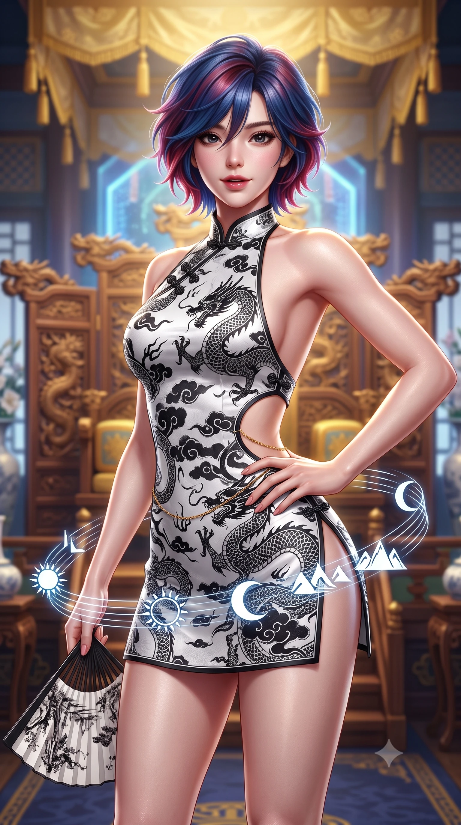score_9, masterpiece, best quality, ultra-detailed, high-budget anime keyframe, semi-realistic 3D game render, editorial fashion photography, tasteful artistic composition, Korean woman. close-up cowboy shot from the waist and thighs up, the character dominates the composition, filling the frame with her large presence. twisting her slender torso in an alluring contrapposto stance, one hand resting on her sculpted hip while holding a traditional silk folding fan with effortless poise while twisting her slender torso in an alluring contrapposto stance, floating digital symbols of the Sun, Moon, and Five Peaks wrapping around her hips. The background shows a soft-focus gilded royal canopies and carved wooden dragon thrones softened in majestic futuristic Joseon shallow focus. She has an exceptionally elegant, slender, and willowy female figure with an ultra-slim waist, flat toned midriff, narrow ribcage, and sculpted feminine hips creating an alluring, slim hourglass silhouette without bulk. sharp v-shaped jawline, high-bridge nose, intricate jewel-like dark sparkling almond eyes with depth, thick lashes, glossy parted lips with a natural rose-plum sheen, bright alluring and coquettish smile with bedroom-eyes, exuding both timeless oriental elegance and sovereign high-fashion allure, flawlessly proportioned anatomical accuracy, strict slender model proportions, natural body alignment, perfectly sculpted long slender limbs, ultra-slim waistline, clean dynamic posture without body distortion. wearing a backless halter qipao mini dress with delicate frog-button closures and side waist cutouts framing her hourglass curves in stark monochrome black and white ink contrast, made of rich jacquard silk with intricate embossed dragon and cloud motifs, accented with a delicate gold body chain draping loosely across her flat midriff, the precision-cut side hip slits and low-back scoop framing her graceful spine and the sensual sweep of her slim, toned hips. bathed in majestic royal gold and sapphire light radiating from the holographic throne backdrop. highly saturated vibrant anime colors, detailed shading with soft gradients, rich glossy textures, high-contrast stereoscopic depth, volumetric dynamic lighting, master piece, 9:16 ratio