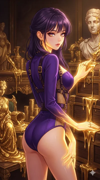 score_9, masterpiece, best quality, ultra-detailed, High-budget Anime Keyframe, beautiful Korean anime girl. Upper body close-up from the thighs up, character filling the screen for maximum presence. Turning everything she touches into solid gold, he