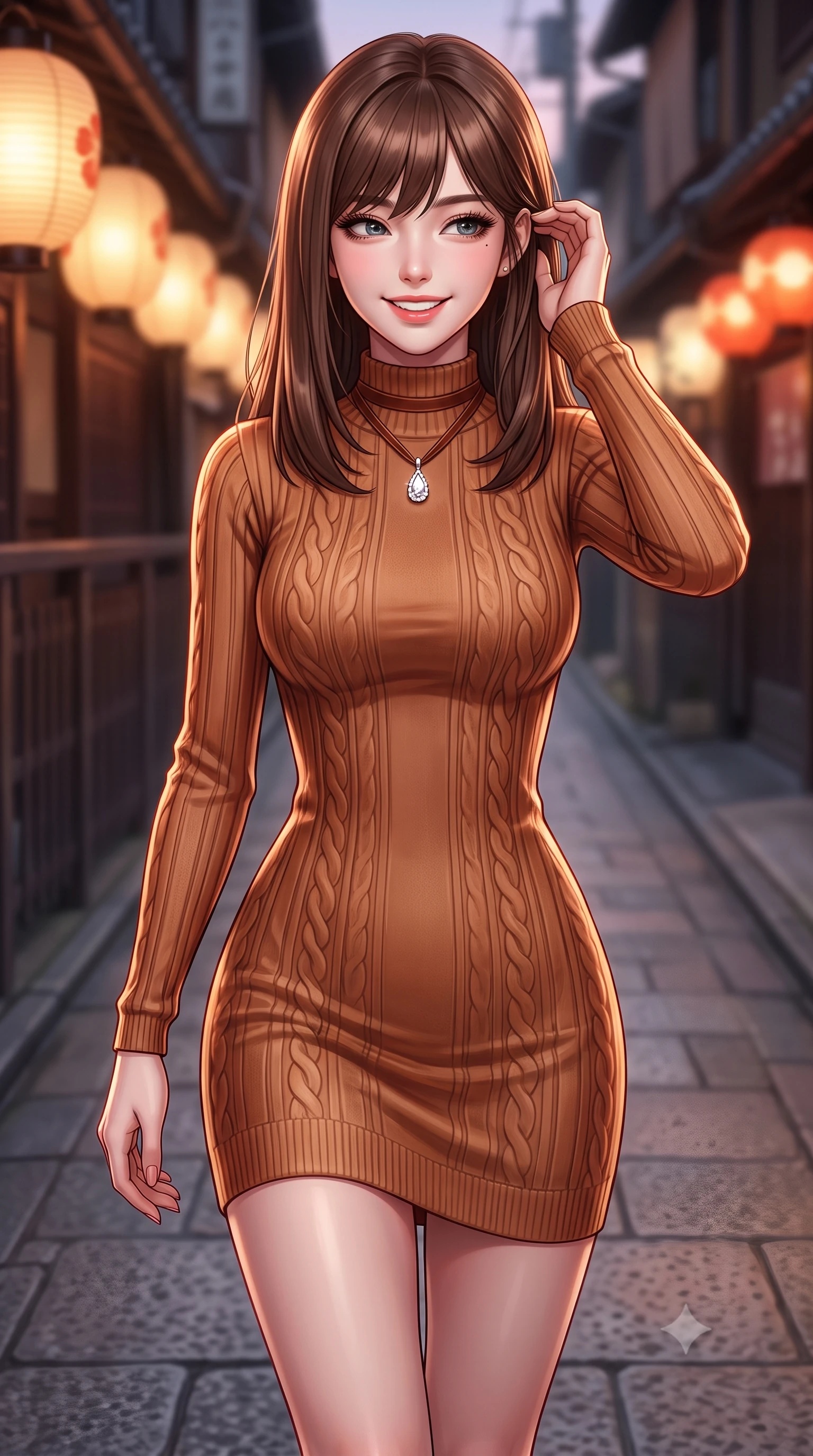 score_9, masterpiece, best quality, ultra-detailed, high-budget anime keyframe, semi-realistic 3D game render, editorial fashion photography, tasteful artistic composition, Korean woman. close-up cowboy shot from the waist and thighs up, the character dominates the composition, filling the frame with her large presence. gently brushing a lock of hair behind her ear while casting a playful, flirtatious side-gaze with long eyelashes while walking along the riverside stone promenade with poised strides, her wool coat billowing softly in the river current breeze. The background shows a soft-focus warm paper lanterns along Gion alleyways softened in romantic Kyoto dusk shallow focus. She has an exceptionally elegant, slender, and willowy female figure with an ultra-slim waist, flat toned midriff, narrow ribcage, and sculpted feminine hips creating an alluring, slim hourglass silhouette without bulk. sharp v-shaped jawline, high-bridge nose, intricate jewel-like sparkling eyes with depth, thick eyelashes, glossy parted lips with a natural peach sheen, bright cheerful beaming smile with an enchanting and coquettish sensual glint, exuding both youthful cute charm and seductive allure, flawlessly proportioned anatomical accuracy, strict slender model proportions, natural body alignment, perfectly sculpted long slender limbs, ultra-slim waistline, clean dynamic posture without body distortion. wearing a sculpted cable-ribbed cashmere bodycon sweater dress with long fitted sleeves and a snug mock-neck tracing her slender silhouette in warm winter cinnamon and toasted caramel, crafted from fluid liquid velvet offering rich tactile depth while adhering to her hourglass shape, finished with a narrow velvet neck ribbon and a sparkling teardrop crystal pendant, the form-contouring silhouette accentuating her sculpted flat midriff, narrow delicate ribcage, and gracefully curvy hips with intoxicating allure. illuminated by river water specular reflection bounce and sharp copper-rose rim lights sculpting her jawline, narrow waist, and graceful model proportions. highly saturated vibrant anime colors, detailed shading with soft gradients, rich glossy textures, high-contrast stereoscopic depth, volumetric dynamic lighting, master piece, 9:16 ratio