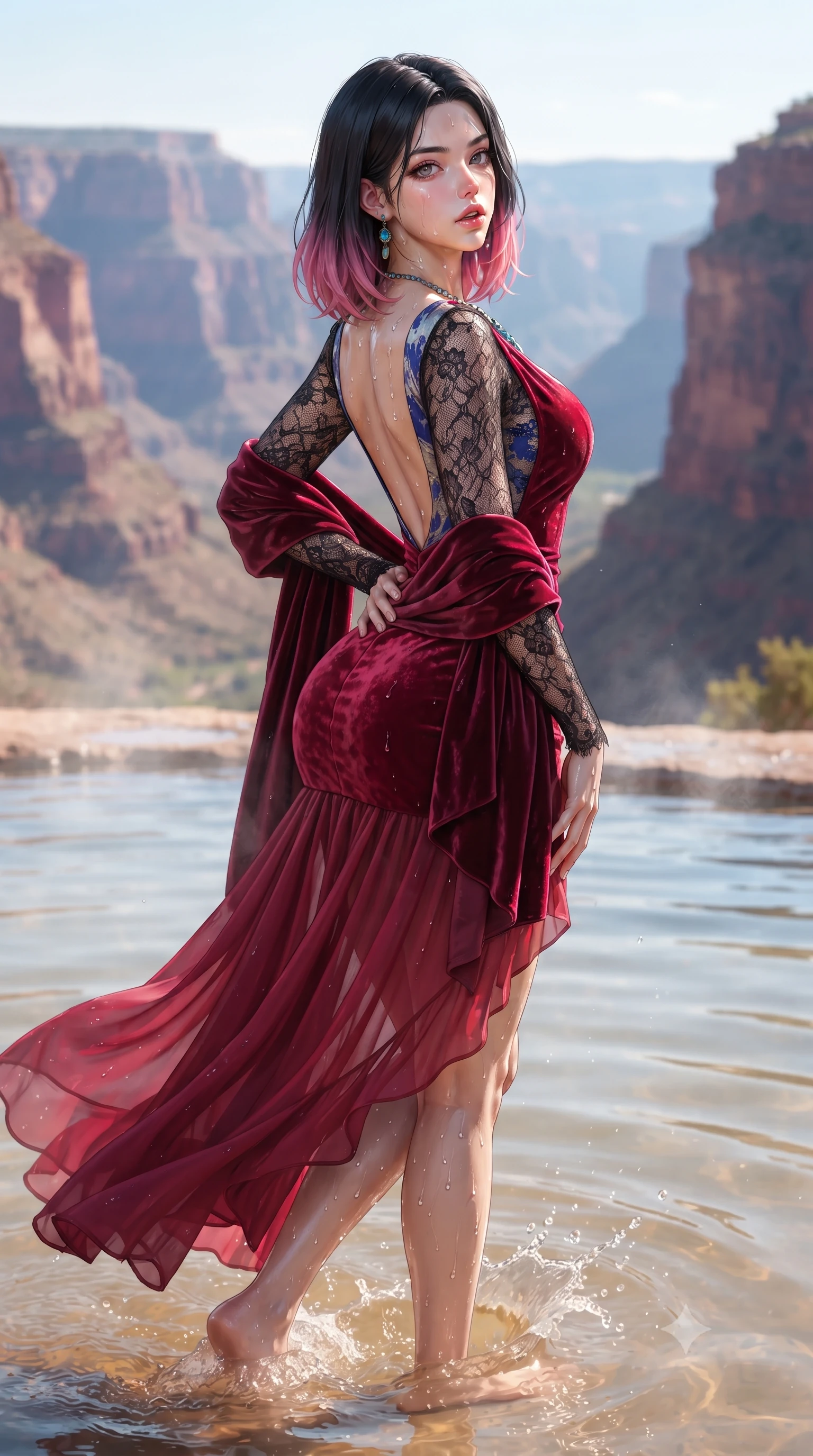 score_9, masterpiece, best quality, ultra-detailed, high-budget anime keyframe, editorial fashion photography, tasteful artistic composition, Korean woman. close-up cowboy shot from the waist and thighs up, the character dominates the composition, filling the frame with her large presence. posing in an alluring rear three-quarter angle, arching her lower back in a pronounced S-curve with one hand on her hip, glancing seductively over her bare shoulder with parted glossy lips while wading lightly into the shallow thermal mineral pool, water splashing around her slender ankles as she turns in an alluring dancer S-curve. The surrounding environment is rendered in vivid detail and crisp panoramic clarity. detailed turquoise stone jewelry, wet skin water droplet beads, and distant canyon cliff clarity in high resolution. She has an exceptionally elegant, slender, and willowy female figure with an ultra-slim waist, flat toned midriff, narrow ribcage, and sculpted feminine hips creating an alluring, slim hourglass silhouette without bulk. sharp v-shaped jawline, high-bridge nose, intricate jewel-like eyes with depth, thick eyelashes, glossy parted lips with a natural sheen, intensely captivating and seductive bedroom-eyes expression, flawlessly proportioned anatomical accuracy, strict slender model proportions, natural body alignment, perfectly sculpted long slender limbs, ultra-slim waistline, clean dynamic posture without body distortion. wearing a plunging-V neckline crushed crimson velvet opera gown with delicate black lace sleeves and bare back in royal sapphire blue and brushed platinum, woven from layered gossamer chiffon with a weightless sweeping drape, complemented by a plush velvet shawl draped loosely over her elbows, the liquid-tight tailored fabric clinging flawlessly to her narrow waist and rounded feminine hips, emphasizing every millimeter of her sculpted slim hourglass curves without any bulky heaviness. illuminated by wet specular pool highlights accentuating her slender neckline, sculpted waist, and rounded hips. ultra-reflective glossy finish, specular highlights, rich textural contrasts, high-contrast stereoscopic depth, volumetric dynamic lighting, 2k, ultra detail, master piece, 9:16 ratio