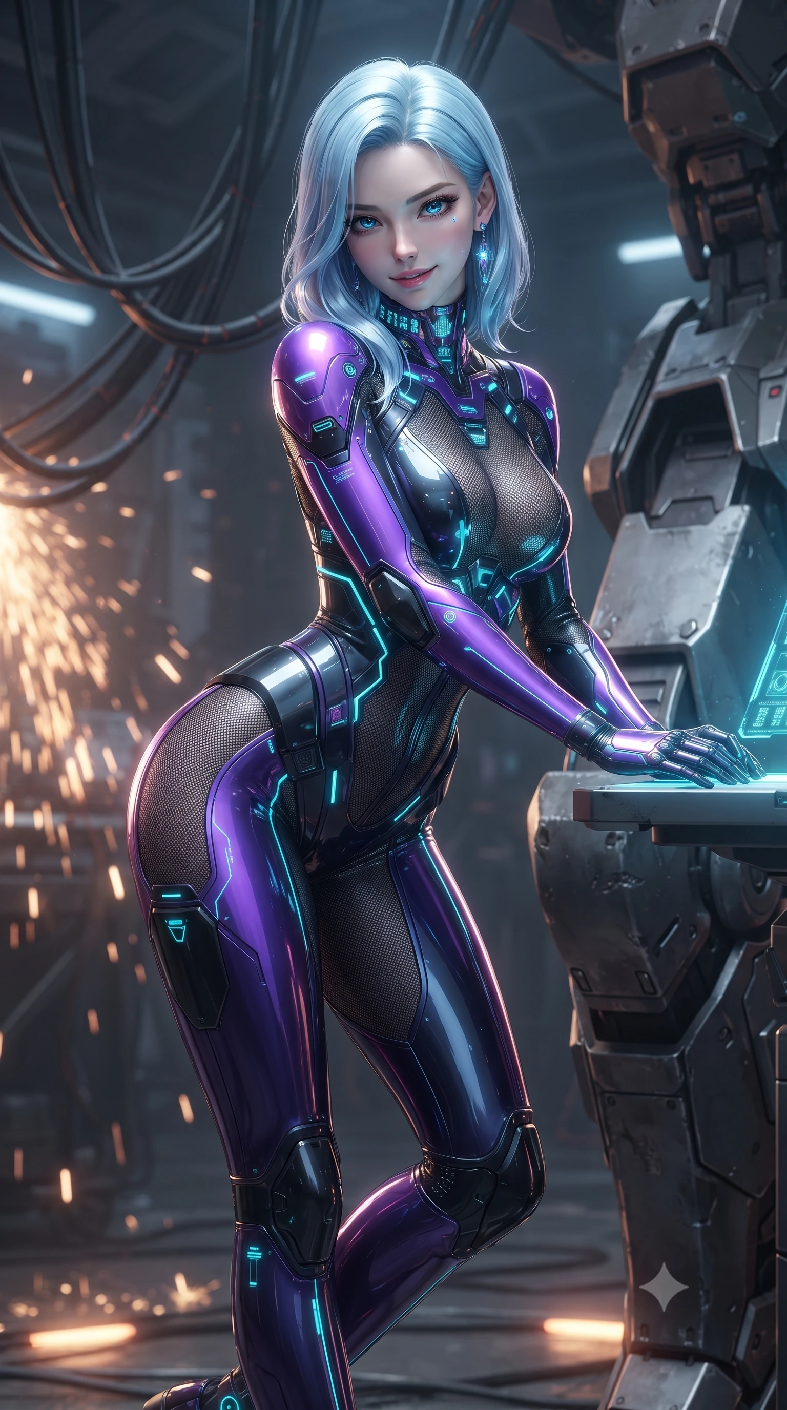 score_9, masterpiece, best quality, ultra-detailed, high-budget anime keyframe, editorial fashion photography, tasteful artistic composition, Korean woman. close-up cowboy shot from the waist and thighs up, the character dominates the composition, filling the frame with her large presence. resting both hands lightly on the holoscreen pedestal while leaning toward the lens with a teasing smirk, her tight combat suit hugging her narrow waist and feminine hip curve while leaning against the heavy armored mech shin plate with one leg bent, displaying her long slender limbs and toned midriff with majestic grace. The background shows a soft-focus cascading welding sparks and suspended hydraulic umbilical cables softened in gritty mecha-hangar shallow focus. She has an exceptionally elegant, slender, and willowy female figure with an ultra-slim waist, flat toned midriff, narrow ribcage, and sculpted feminine hips creating an alluring, slim hourglass silhouette without bulk. sharp v-shaped jawline, high-bridge nose, intricate jewel-like sparkling eyes with depth, thick eyelashes, glossy parted lips with a natural sheen, bright confident smile with an enchanting and coquettish sensual glint, exuding both youthful magnetic charm and sovereign high-tech allure, flawlessly proportioned anatomical accuracy, strict slender model proportions, natural body alignment, perfectly sculpted long slender limbs, ultra-slim waistline, clean dynamic posture without body distortion. wearing a second-skin cybernetic stealth suit with active-camo optical mesh and sculpted carbon hip guards in neon electric violet and deep space obsidian, formed from supple thermal silicone composite adhering seamlessly like a second skin, complemented by a high-tech holographic choker projecting miniature glyphs, the aerodynamic second-skin silhouette tightly following the natural contour of her hips and long slender legs with youthful 8.5-heads elegance. illuminated by floor warning lights and sharp platinum rim lights carving her razor-sharp jawline, narrow waist, and curvy hips. ultra-reflective glossy finish, specular highlights, rich textural contrasts, high-contrast stereoscopic depth, volumetric dynamic lighting, 2k, ultra detail, master piece, 9:16 ratio