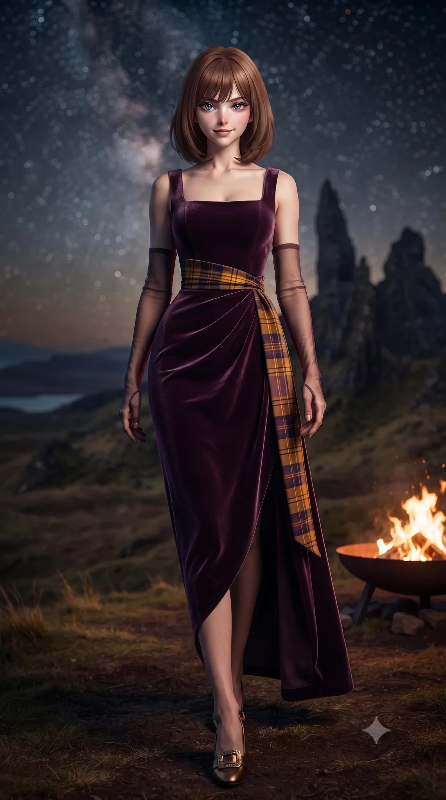 score_9, masterpiece, best quality, ultra-detailed, high-budget anime keyframe, editorial fashion photography, tasteful artistic composition, Caucasian woman. low angle full-body shot from head to toe showing her feet, filling the entire 9:16 vertical frame with her statuesque presence, stretching her vertical silhouette. stepping slowly toward the camera with hypnotic grace, hips swaying in an alluring sensual rhythm that accentuates her curvy hourglass silhouette and long slender legs while lounging in the modern low-profile daybed propped on one elbow with legs extended, displaying her long slender limbs and statuesque hourglass silhouette against the peaks. The background shows a soft-focus monumental basalt rock spires of the Needle and Prison rock, rolling moorland below, and dense Milky Way starfield blurred into obsidian, amber, and diamond bokeh. She has an exceptionally tall and slender model-like 8.5-heads proportion, an ultra-slim waist, a flat toned midriff, narrow delicate ribcage, and beautifully sculpted feminine hips creating a graceful, slim hourglass silhouette without any bulky heaviness, with impossibly long slender legs. sharp v-shaped jawline, high-bridge nose, intricate jewel-like sparkling eyes with depth, thick eyelashes, glossy parted lips with a natural peach sheen, bright cheerful beaming smile with an enchanting and coquettish sensual glint, exuding both youthful cute charm and seductive allure, flawlessly proportioned anatomical accuracy, strict slender model proportions, natural body alignment, perfectly sculpted long slender limbs, ultra-slim waistline, clean dynamic posture without body distortion. wearing a classical Scottish Victorian velvet evening gown with modest square neckline and tartan sash in Scottish Highlands heather thistle purple and antique hearth ember gold, tailored from ultra-plush silk velvet with rich tactile depth and deep shadow gradients, complemented by sheer opera-length evening gloves tracing her slender arms, the impeccably tailored cut draping gracefully along her slender figure with aristocratic poise. bathed in the contrast of warm 2100K outdoor fire pit flames and brilliant unpolluted Dark Sky Reserve starlight. ultra-reflective glossy finish, specular highlights, rich textural contrasts, high-contrast stereoscopic depth, volumetric dynamic lighting, 2k, ultra detail, master piece, 9:16 ratio