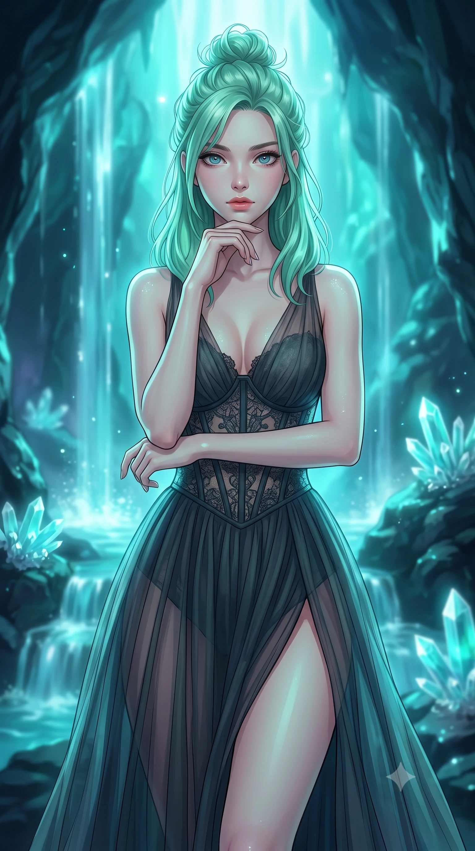 score_9, masterpiece, best quality, ultra-detailed, high-budget anime keyframe, editorial fashion photography, tasteful artistic composition, Japanese woman woman. close-up cowboy shot from the waist and thighs up, the character dominates the composition, filling the frame with her large presence, background elements kept in soft focus. She has an exceptionally elegant, slender, and willowy female figure with an ultra-slim waist, a gracefully sculpted slender torso, and a refined silhouette. resting her chin on the back of her fingers in a thoughtful and effortless pose, flawlessly proportioned anatomical accuracy, natural body alignment, perfectly sculpted elegant limbs, clean dynamic posture without body distortion. set against a soft-focus background of a hidden cave with cascading luminescent water and crystal quartz. wearing a dark sheer tulle evening gown with an intricate lace corset and daring thigh-high slit. bathed in glowing aqua bioluminescence reflecting off wet rock walls. highly saturated vibrant anime colors, detailed shading with soft gradients, rich glossy textures, high-contrast stereoscopic depth, volumetric dynamic lighting, master piece, 9:16 ratio