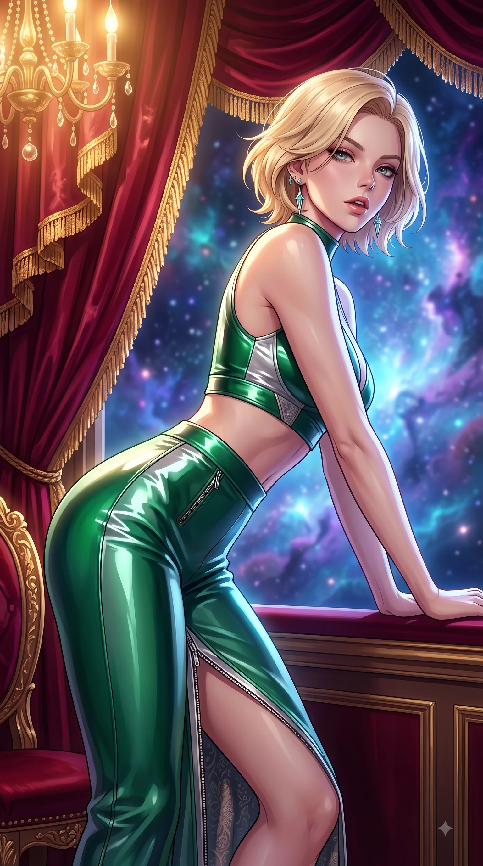 score_9, masterpiece, best quality, ultra-detailed, high-budget anime keyframe, editorial fashion photography, tasteful artistic composition, Caucasian woman. close-up cowboy shot from the waist and thighs up, the character dominates the composition, filling the frame with her large presence, background elements kept in soft focus. Leaning forward gracefully with lips parted, casting a smoldering magnetic gaze directly into the lens while sitting in a private opera box draped in crimson velvet, gazing over a swirling cosmic nebula, rich crimson velvet curtains catching dramatic gold-leaf trim highlights. She has an exceptionally elegant, slender, and willowy female figure with an ultra-slim waist, a gracefully sculpted slender torso, and a refined silhouette. sharp v-shaped jawline, high-bridge nose, intricate jewel-like eyes with depth, thick eyelashes, glossy lips with a natural sheen, flawlessly proportioned anatomical accuracy, natural body alignment, perfectly sculpted elegant limbs, clean dynamic posture without body distortion. wearing a glossy vinyl crop top and high-waist tailored leggings with sleek zippers in deep emerald green and silver accent, crafted from smooth liquid silk, finished with a sleek side slit ascending to mid-thigh, the tailored fabric tightly following every curve of her athletic build. illuminated by radiant cosmic nebula light and warm golden chandelier glow. highly saturated vibrant anime colors, detailed shading with soft gradients, rich glossy textures, high-contrast stereoscopic depth, volumetric dynamic lighting, master piece, 9:16 ratio