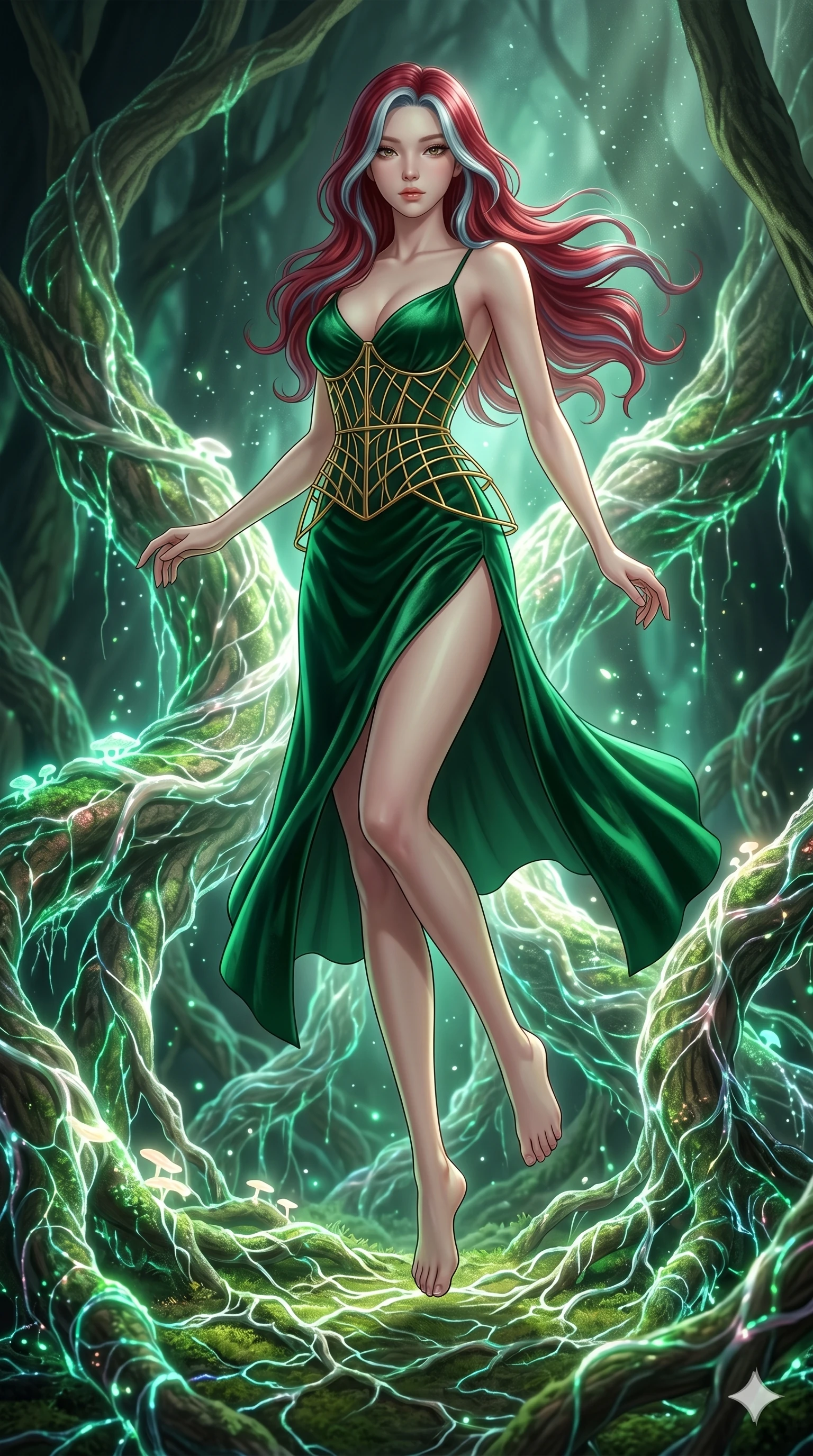 score_9, masterpiece, best quality, ultra-detailed, high-budget anime keyframe, Korean woman. low angle full-body shot filling the entire 9:16 frame with her statuesque presence, stretching the vertical silhouette. jumping amidst giant ancient tree roots wrapped in trillions of glowing mycelium threads pulsing with emerald and opal light. She has an absolutely perfect 8-heads proportion, an exceptionally tall and slender female figure with impossibly long slender legs and an ultra-slim waist. V-shaped jawline, high-bridge nose, intricate jewel-like eyes with depth, thick eyelashes, glossy lips with a natural sheen.. wearing a mathematical gold wire cage corset and an emerald green silk velvet slip dress with a thigh-high side slit. illuminated by dramatic chiaroscuro casting soft shadows along her curves, with vibrant backlighting highlighting the dust particles. 2k, ultra detail, master piece, 9:16 ratio