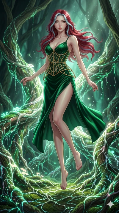 score_9, masterpiece, best quality, ultra-detailed, high-budget anime keyframe, Korean woman. low angle full-body shot filling the entire 9:16 frame with her statuesque presence, stretching the vertical silhouette. jumping amidst giant ancient tree r