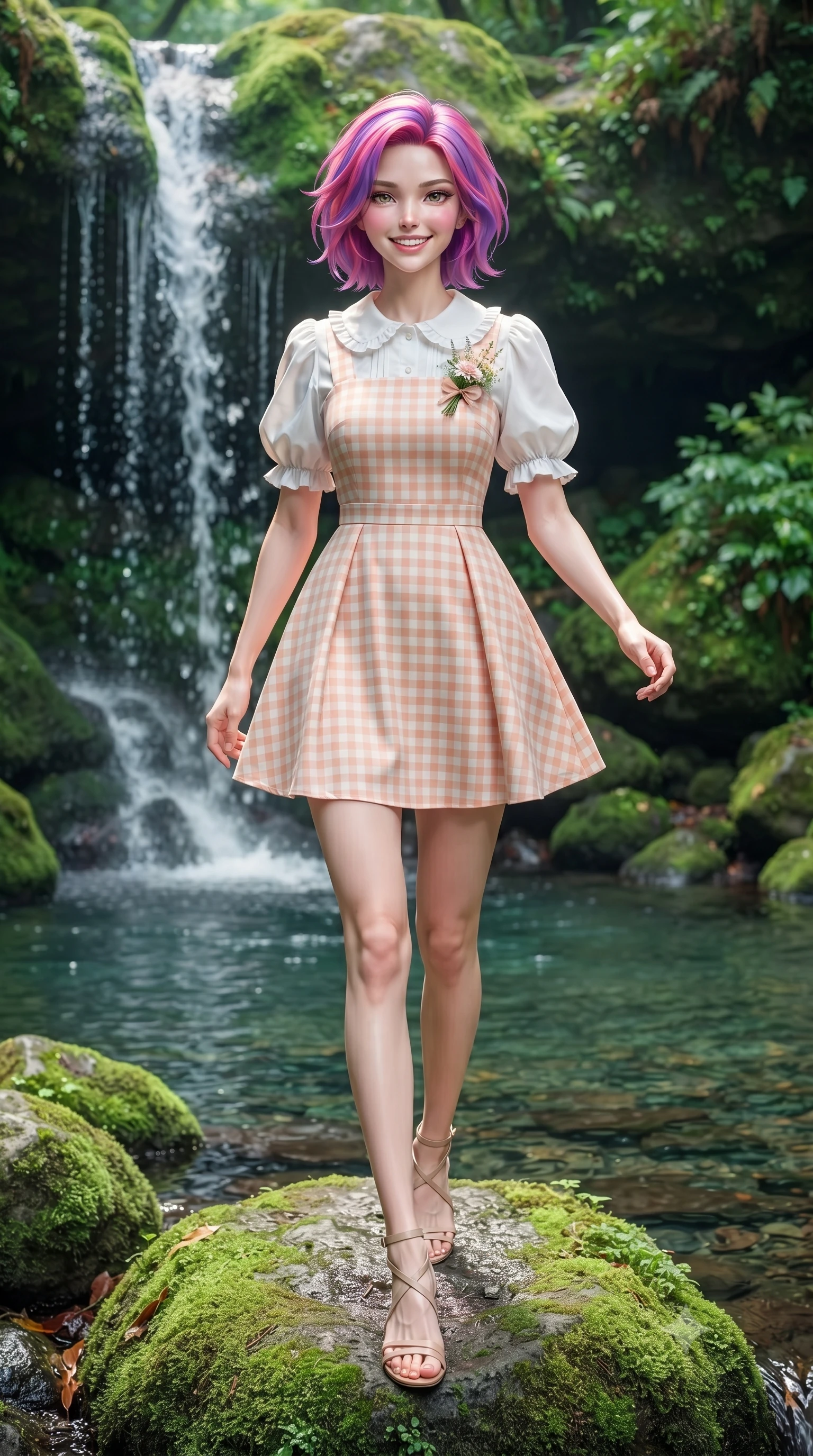 score_9, masterpiece, best quality, ultra-detailed, high-budget anime keyframe, editorial fashion photography, tasteful artistic composition, Caucasian woman. low angle full-body shot from head to toe showing her feet, filling the entire 9:16 vertical frame with her statuesque presence, stretching her vertical silhouette. walking forward in a cheerful, dynamic stride with a radiant beaming smile, her statuesque silhouette filling the frame while resting gracefully on an emerald moss-covered boulder by a tranquil natural pool, smiling warmly at the viewer. The surrounding environment is rendered in vivid detail and crisp panoramic clarity. sharp cascading waterfall droplets, velvet moss textures on river stones, and clear pool caustics in deep focus. She has an absolutely perfect, statuesque 8.5-heads proportion, an exceptionally tall and slender model-like female figure with impossibly long slender legs, a toned flat midriff, and an ultra-slim waist. sharp v-shaped jawline, high-bridge nose, intricate jewel-like eyes with depth, thick eyelashes, glossy lips with a natural sheen, pure and lovely fresh girlhood expression, flawlessly proportioned anatomical accuracy, strict slender model proportions, natural body alignment, perfectly sculpted long slender limbs, ultra-slim waistline, clean dynamic posture without body distortion. wearing a charming pastel gingham pinafore dress layered over a soft white puff-sleeve blouse in warm peach blossom pink and champagne ivory, tailored from crisp organic cotton poplin, complemented by a delicate wildflower corsage pinned to the lapel, the tailored casual silhouette highlighting her fresh and youthful presence and perfectly proportioned slender frame. illuminated by soft emerald forest bounce light accentuating her natural beauty and lovely outfit. ultra-reflective glossy finish, specular highlights, rich natural textures, high-contrast stereoscopic depth, volumetric dynamic lighting, 2k, ultra detail, master piece, 9:16 ratio