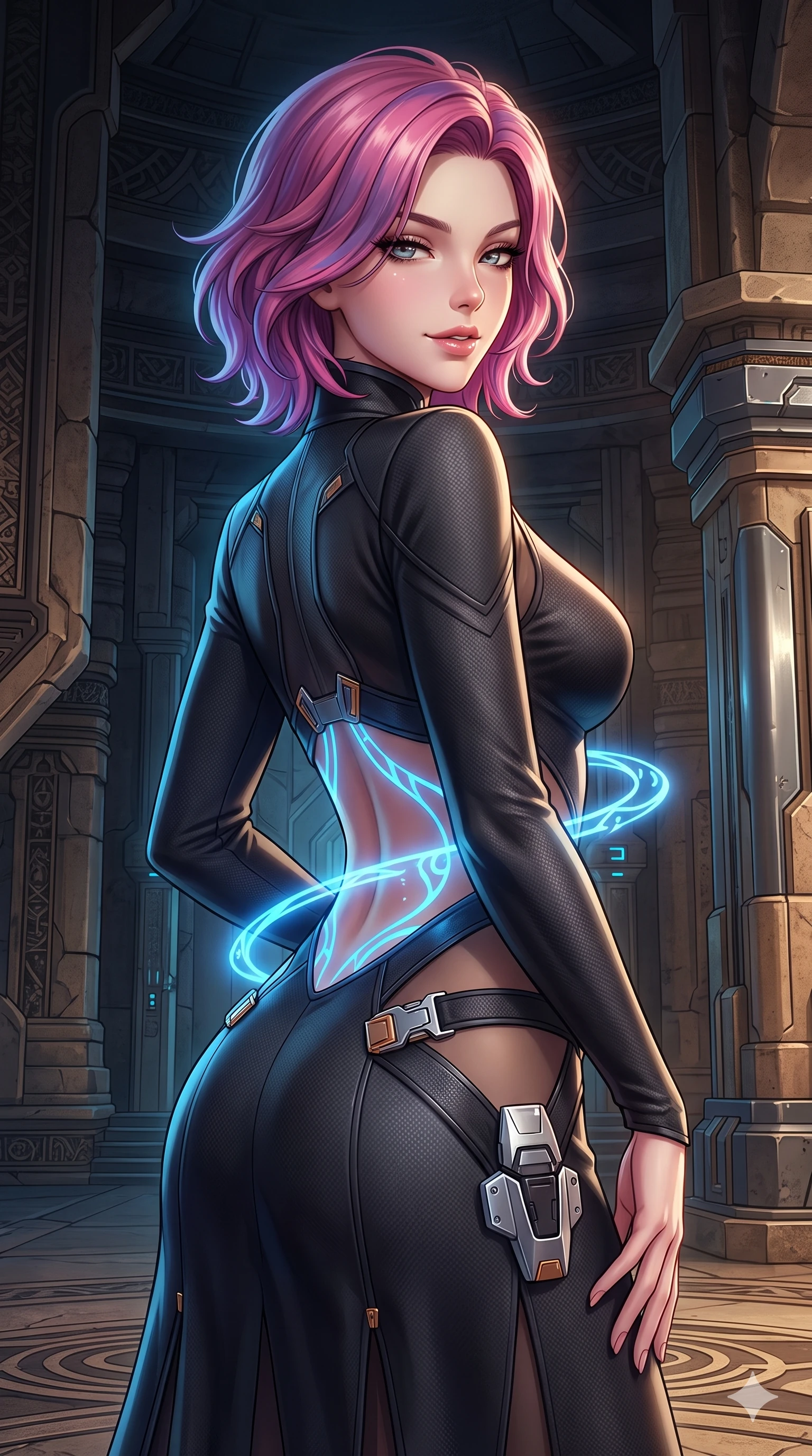 score_9, masterpiece, best quality, ultra-detailed, high-budget anime keyframe, semi-realistic 3D game render, editorial fashion photography, tasteful artistic composition, Caucasian woman. close-up cowboy shot from the waist and thighs up, the character dominates the composition, filling the frame with her large presence. posing in an alluring rear three-quarter angle, looking over a bare shoulder with heavy-lidded sparkling eyes, her hips cocked back to highlight her slim hourglass curve while twisting her slender torso in an alluring S-curve, ethereal blue glyph light wrapping around her flat midriff and hourglass curves. The surrounding environment is rendered in vivid detail and crisp panoramic clarity: detailed tech-lace tailoring, polished magnetic buckle clasps, and ancient alien architecture in razor-sharp clarity. She has an exceptionally elegant, slender, and willowy female figure with an ultra-slim waist, flat toned midriff, narrow ribcage, and sculpted feminine hips creating an alluring, slim hourglass silhouette without bulk. sharp v-shaped jawline, high-bridge nose, intricate jewel-like sparkling eyes with depth, thick eyelashes, glossy parted lips with a natural sheen, bright confident smile with an enchanting and coquettish sensual glint, exuding both youthful magnetic charm and sovereign high-tech allure, flawlessly proportioned anatomical accuracy, strict slender model proportions, natural body alignment, perfectly sculpted long slender limbs, ultra-slim waistline, clean dynamic posture without body distortion. wearing a prestigious diplomatic high-neck sci-fi senate coat dress in structured nano-wool with polished titanium clasp hardware in cosmic eclipse amber and starlight diamond, crafted from lightweight aerodynamic matte carbon-fiber weave with structural stiffness, finished with polished chrome buckle hardware and modular magnetic holster clasps, the impeccably tailored cut draping gracefully along her slender figure with aristocratic poise. illuminated by sand surface bounce and sharp sapphire-cyan rim lights sculpting her razor-sharp jawline, narrow waist, and curvy hips. highly saturated vibrant anime colors, detailed shading with soft gradients, rich glossy textures, high-contrast stereoscopic depth, volumetric dynamic lighting, master piece, 9:16 ratio