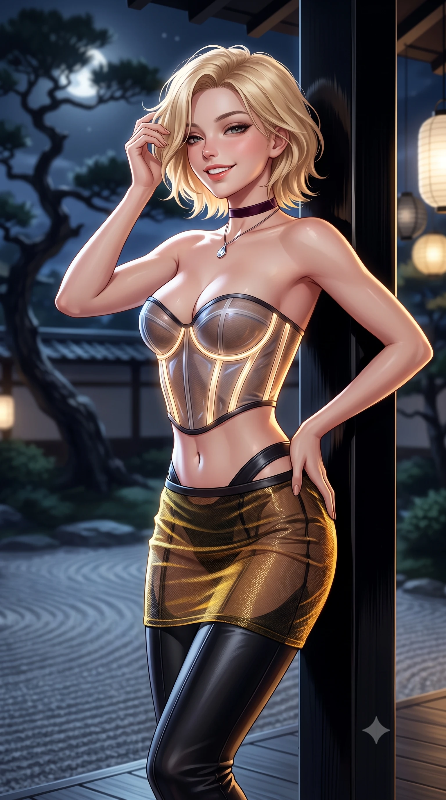 score_9, masterpiece, best quality, ultra-detailed, high-budget anime keyframe, semi-realistic 3D game render, editorial fashion photography, tasteful artistic composition, Caucasian woman. close-up cowboy shot from the waist and thighs up, the character dominates the composition, filling the frame with her large presence. twisting her slender torso in an alluring contrapposto stance, one hand resting on her sculpted hip while her fingers toy with her hair with effortless poise while leaning against the black lacquered veranda post with hips cocked back, looking over a bare shoulder with heavy-lidded bedroom-eyes. The background shows a soft-focus twisted silhouettes of centuries-old black pines against silver moonlit sky, raked gravel garden ripples, and hanging andon lanterns blurred into ivory, charcoal, and gold bokeh. She has an exceptionally elegant, slender, and willowy female figure with an ultra-slim waist, flat toned midriff, narrow ribcage, and sculpted feminine hips creating an alluring, slim hourglass silhouette without bulk. sharp v-shaped jawline, high-bridge nose, intricate jewel-like sparkling eyes with depth, thick eyelashes, glossy parted lips with a natural peach sheen, bright cheerful beaming smile with an enchanting and coquettish sensual glint, exuding both youthful cute charm and seductive allure, flawlessly proportioned anatomical accuracy, strict slender model proportions, natural body alignment, perfectly sculpted long slender limbs, ultra-slim waistline, clean dynamic posture without body distortion. wearing a sculpted underwire cyber-corset in translucent tech-tulle with illuminated boning channels paired with a sheer mini skirt in Hakone steaming sulfur amber and volcanic basalt black, woven from buttery-soft stretch lambskin leather adhering to her body like a second skin, finished with a thin velvet ribbon choker and a single teardrop diamond pendant, the form-contouring silhouette accentuating her sculpted flat midriff, narrow delicate ribcage, and gracefully curvy hips with intoxicating allure. illuminated by black lacquer reflection fill and sharp champagne-gold rim lights defining her dewy collarbones, ultra-slim waist, and curvy hips. highly saturated vibrant anime colors, detailed shading with soft gradients, rich glossy textures, high-contrast stereoscopic depth, volumetric dynamic lighting, master piece, 9:16 ratio