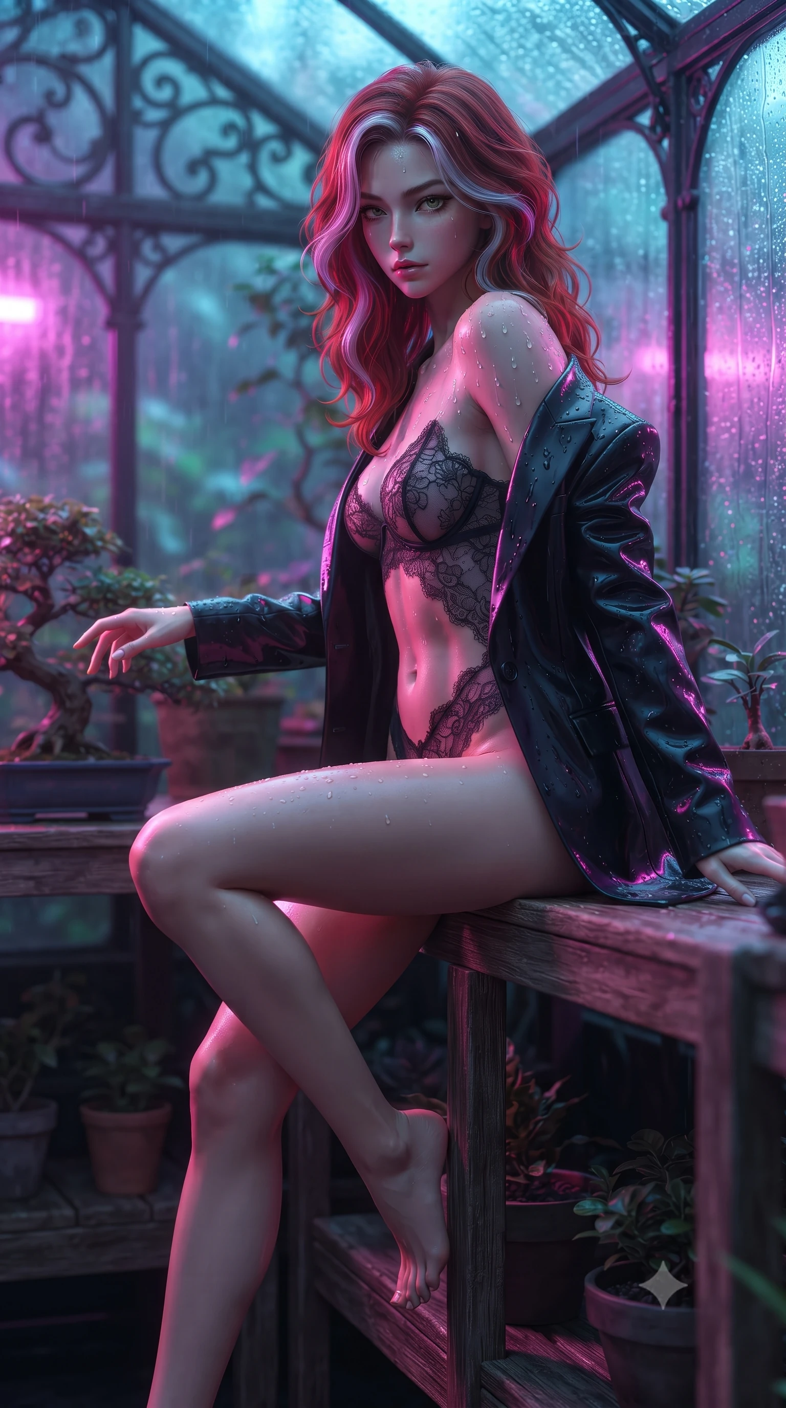 score_9, masterpiece, best quality, ultra-detailed, high-budget anime keyframe, editorial fashion photography, tasteful artistic composition, Caucasian woman. low angle full-body shot from head to toe showing her feet, filling the entire 9:16 vertical frame with her statuesque presence, stretching her vertical silhouette. walking along the terrace with poise, looking back over her bare shoulder with an irresistible smoldering bedroom-gaze while sitting perched on the rustic wooden potting shelf with legs crossed, resting one hand on the bonsai pot with seductive bedroom-eyes. The background shows a soft-focus cast-iron greenhouse mullions softened in intimate cyberpunk botanical shallow focus. She has an absolutely perfect, statuesque 8.5-heads proportion, an exceptionally tall and slender model-like female figure with impossibly long slender legs, an ultra-slim waist, a flat toned midriff, narrow delicate ribcage, and beautifully sculpted feminine hips creating a graceful, slim hourglass silhouette without any bulky heaviness. sharp v-shaped jawline, high-bridge nose, sparkling eyes with hypnotic seductive depth, thick curled eyelashes, glossy parted lips with a natural dewy peach sheen, alluring bedroom-eyes with an enchanting coquettish smile, exuding magnetic siren charisma and sophisticated glamour, flawlessly proportioned anatomical accuracy, strict slender model proportions, natural body alignment, perfectly sculpted long slender limbs, ultra-slim waistline, clean dynamic posture without body distortion. wearing a delicate sheer French Chantilly lace teddy layered under an open tailored tuxedo blazer draped over bare shoulders in wet-look onyx black with electric magenta reflections, tailored from fine structural neoprene with crisp architectural edges and smooth contouring, finished with glistening drops of pool water beading across her sculpted shoulders and collarbones, the form-contouring silhouette accentuating her sculpted flat midriff, narrow delicate ribcage, and gracefully curvy hips with intoxicating allure. bathed in dynamic shifting multi-color neon light transmitted through rain-streaked exterior glass. ultra-reflective glossy finish, specular highlights, rich textural contrasts, high-contrast stereoscopic depth, volumetric dynamic lighting, 2k, ultra detail, master piece, 9:16 ratio
