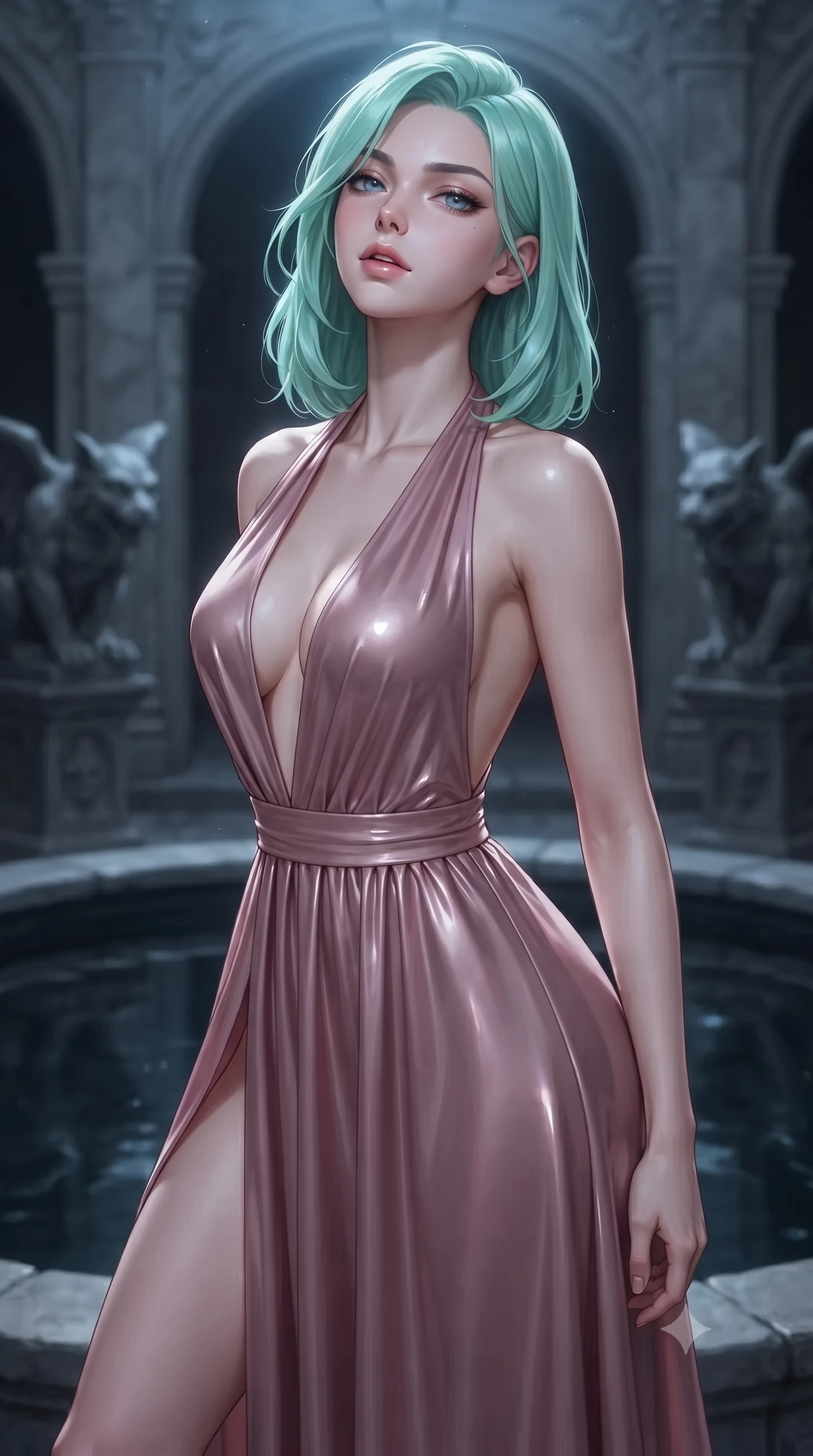 score_9, masterpiece, best quality, ultra-detailed, high-budget anime keyframe, editorial fashion photography, tasteful artistic composition, Japanese woman. close-up cowboy shot from the waist and thighs up, the character dominates the composition, filling the frame with her large presence, background elements kept in soft focus. tilting her chin up slightly with lips parted in a composed, provocative expression the background shows a soft-focus a secluded courtyard with carved gargoyles and a dark mirror water basin. She has an exceptionally elegant, slender, and willowy female figure with an ultra-slim waist, a gracefully sculpted slender torso, and a refined silhouette. sharp v-shaped jawline, high-bridge nose, intricate jewel-like eyes with depth, thick eyelashes, glossy lips with a natural sheen. wearing a tailored deep plunging-V neck maxi dress in dusty rose chiffon with a bold halter neck and low-cut back. cool silver moonbeams reflecting off the water surface onto her face. ultra-reflective glossy finish, specular highlights, metallic sheen, high-contrast stereoscopic depth, volumetric dynamic lighting, 2k, ultra detail, master piece, 9:16 ratio
