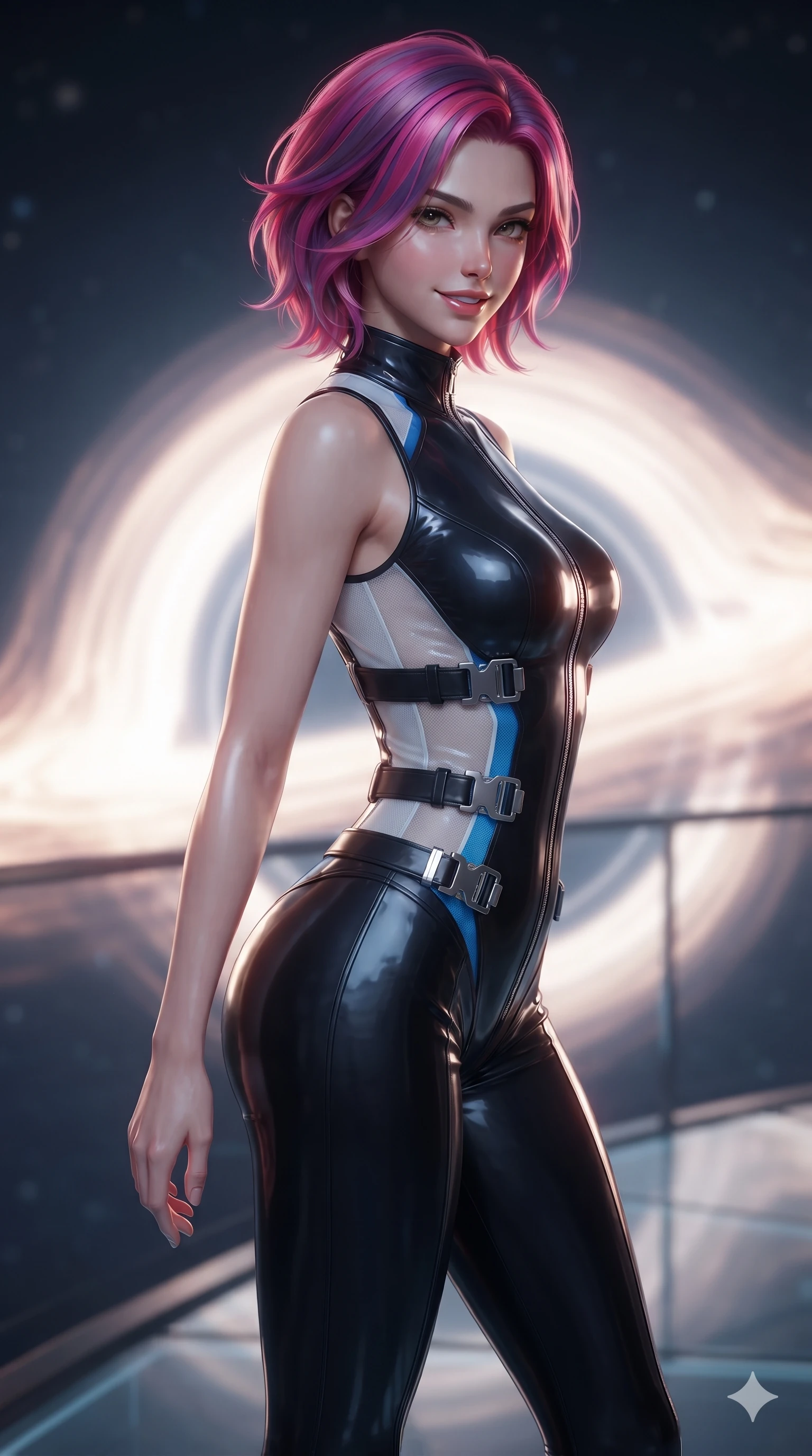 score_9, masterpiece, best quality, ultra-detailed, high-budget anime keyframe, editorial fashion photography, tasteful artistic composition, Caucasian woman. close-up cowboy shot from the waist and thighs up, the character dominates the composition, filling the frame with her large presence. turning slowly with an enchanting smoldering smile, her glossy hair tossing as her hips angle gracefully in a captivating contrapposto while standing in a tall, confident posture on the transparent observatory catwalk, stretching her statuesque body as she arches her lower back while overlooking the blazing accretion disk swirling below. The background shows a soft-focus relativistic Doppler particulate glow softened in deep-space observatory shallow focus. She has an exceptionally elegant, slender, and willowy female figure with an ultra-slim waist, flat toned midriff, narrow ribcage, and sculpted feminine hips creating an alluring, slim hourglass silhouette without bulk. sharp v-shaped jawline, high-bridge nose, intricate jewel-like sparkling eyes with depth, thick eyelashes, glossy parted lips with a natural sheen, bright confident smile with an enchanting and coquettish sensual glint, exuding both youthful magnetic charm and sovereign high-tech allure, flawlessly proportioned anatomical accuracy, strict slender model proportions, natural body alignment, perfectly sculpted long slender limbs, ultra-slim waistline, clean dynamic posture without body distortion. wearing a sleeveless high-collar cyber pilot suit in liquid-look obsidian jersey with strategic sheer ventilation panels in arctic snowflake white and electric plasma blue, made of flexible bullet-resistant ballistic microfiber with high-tensile strength, finished with polished chrome buckle hardware and modular magnetic holster clasps, the glove-like clinging cut tightly following the natural contour of her hips and long slender legs with youthful 8.5-heads elegance. illuminated by viewport reflection bounce and sharp gold-crimson rim lights sculpting her razor-sharp jawline, narrow waist, and curvy hips. ultra-reflective glossy finish, specular highlights, rich textural contrasts, high-contrast stereoscopic depth, volumetric dynamic lighting, 2k, ultra detail, master piece, 9:16 ratio