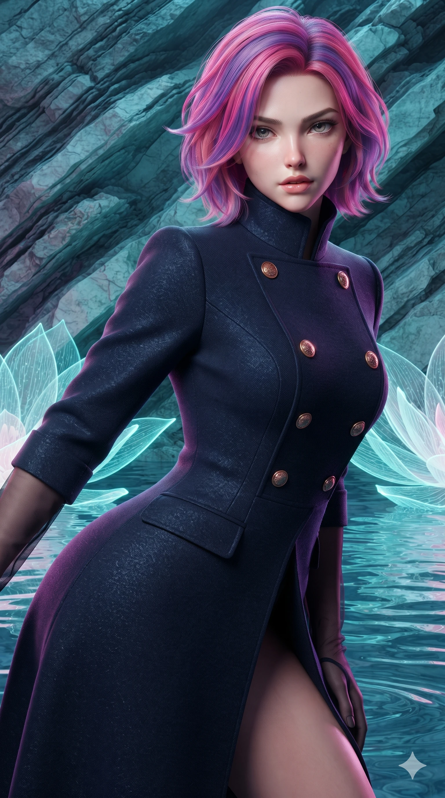 score_9, masterpiece, best quality, ultra-detailed, high-budget anime keyframe, editorial fashion photography, tasteful artistic composition, Caucasian woman. close-up cowboy shot from the waist and thighs up, the character dominates the composition, filling the frame with her large presence. leaning forward while arching her lower back to accentuate her curvy hips, looking into the camera with an intoxicating smoldering gaze and bedroom-eyes while twisting her slender torso in an alluring contrapposto stance, fluorescent turquoise water currents and pink lotus glows playing across her narrow waist and curvy hips. The surrounding environment is rendered in vivid detail and crisp panoramic clarity: sharp limestone strata textures, delicate glowing lotus petal veins, and crystal-clear water surface ripples in deep focus. She has an exceptionally elegant, slender, and willowy female figure with an ultra-slim waist, flat toned midriff, narrow ribcage, and sculpted feminine hips creating an alluring, slim hourglass silhouette without bulk. sharp v-shaped jawline, high-bridge nose, intricate jewel-like sparkling eyes with depth, thick eyelashes, glossy parted lips with a natural peach sheen, bright cheerful beaming smile with an enchanting and coquettish sensual glint, exuding both youthful cute charm and seductive allure, flawlessly proportioned anatomical accuracy, strict slender model proportions, natural body alignment, perfectly sculpted long slender limbs, ultra-slim waistline, clean dynamic posture without body distortion. wearing a structured high-collar Victorian opera greatcoat in midnight navy wool with polished brass crest buttons in Solaris liquid rose-quartz and alien peach, tailored from high-density tech-wool with subtle metallic thread weave, complemented by sheer opera-length evening gloves tracing her slender arms, the bespoke structured tailoring following the natural line of her 8.5-heads silhouette with refined elegance. illuminated by water caustics bounce and sharp aquamarine-pink rim lights defining her razor-sharp jawline, narrow waist, and curvy hips. ultra-reflective glossy finish, specular highlights, rich textural contrasts, high-contrast stereoscopic depth, volumetric dynamic lighting, 2k, ultra detail, master piece, 9:16 ratio