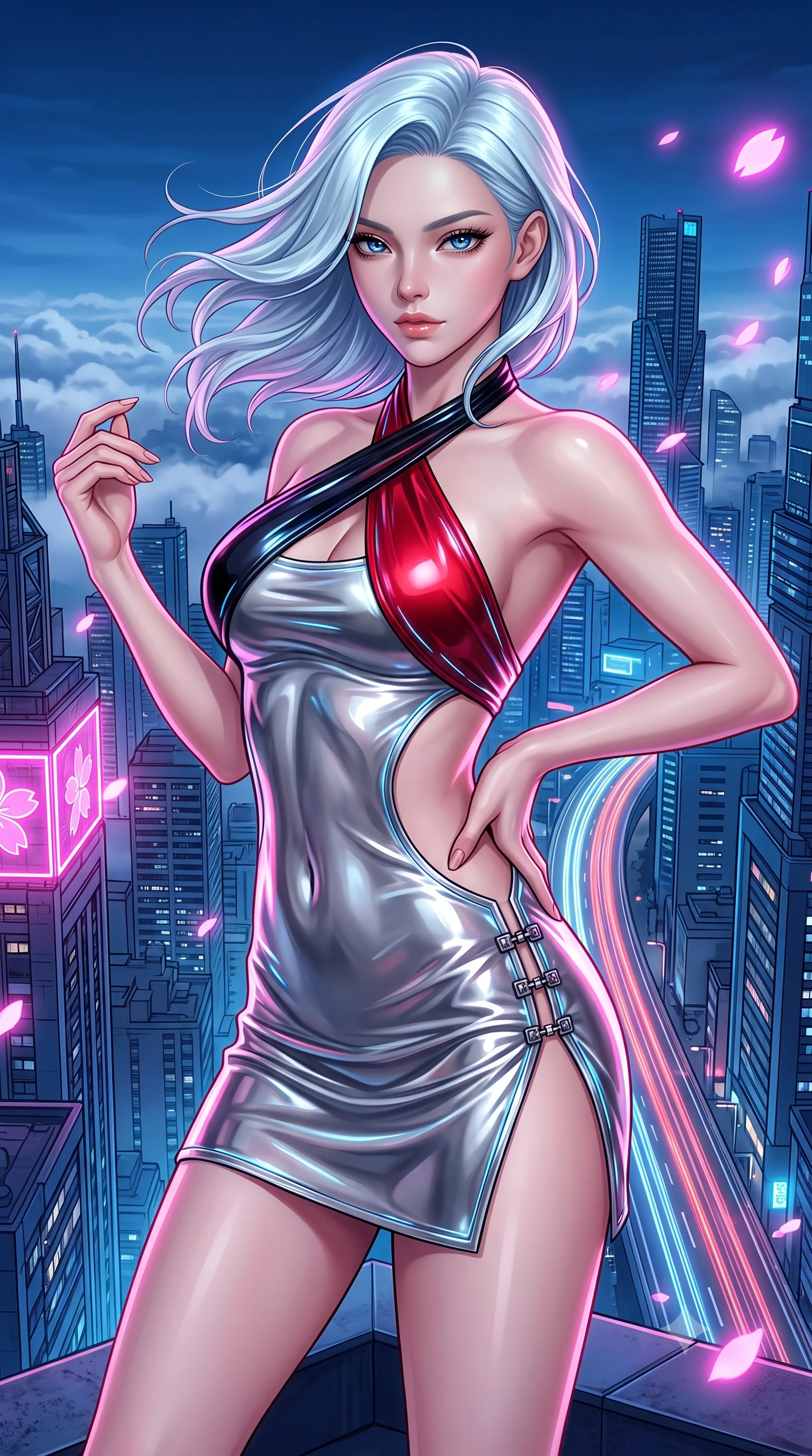 score_9, masterpiece, best quality, ultra-detailed, high-budget anime keyframe, semi-realistic 3D game render, editorial fashion photography, tasteful artistic composition, Korean woman. close-up cowboy shot from the waist and thighs up, the character dominates the composition, filling the frame with her large presence. twisting her upper body in a dynamic S-curve with an alluring smolder, one hand trailing along her slender waist while twisting her upper body dramatically at the building edge as high-altitude winds whip her hair and outfit. The surrounding environment is rendered in vivid detail and crisp panoramic clarity. intricate cyberpunk skyscraper architecture, atmospheric clouds, and highway light trails in crisp clarity. She has an exceptionally elegant, slender, and willowy female figure with an ultra-slim waist, a gracefully sculpted slender torso, and a refined silhouette. sharp v-shaped jawline, high-bridge nose, intricate jewel-like eyes with depth, thick eyelashes, glossy lips with a natural sheen, flawlessly proportioned anatomical accuracy, natural body alignment, perfectly sculpted elegant limbs, clean dynamic posture without body distortion. wearing a molten silver liquid-metal mini dress featuring deep side-waist cutouts and a daring crossover halter neckline in glossy obsidian black and radiant crimson red, tailored from semi-translucent cybernetic vinyl with glowing micro-filaments, finished with an ultra-high side slit secured by miniature magnetic clasps, the glove-like fit tightly following every curve of her statuesque athletic build. illuminated by electric pink neon glow from sakura petals and deep blue urban night fill. highly saturated vibrant anime colors, detailed shading with soft gradients, rich glossy textures, high-contrast stereoscopic depth, volumetric dynamic lighting, master piece, 9:16 ratio