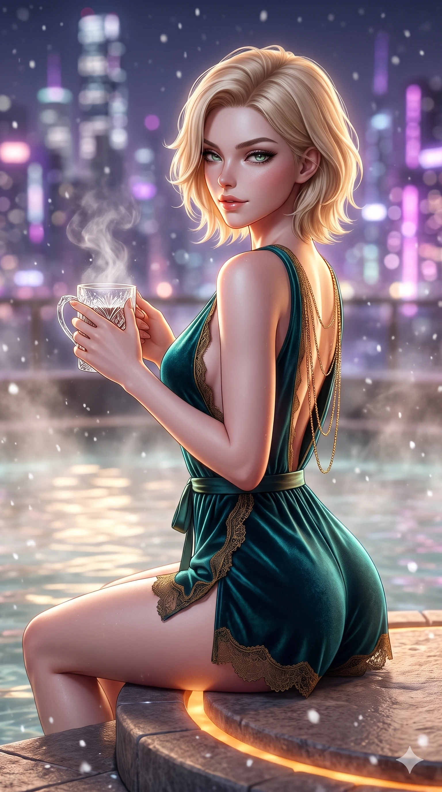 score_9, masterpiece, best quality, ultra-detailed, high-budget anime keyframe, semi-realistic 3D game render, editorial fashion photography, tasteful artistic composition, Caucasian woman. close-up cowboy shot from the waist and thighs up, the character dominates the composition, filling the frame with her large presence. twisting her slender torso in a deep contrapposto stance, hips dramatically shifted to accentuate her feminine curves while looking past her shoulder with smoldering bedroom-eyes while sitting perched on the edge of the circular heated platform with legs crossed, holding a steaming crystal mug with an irresistible, parted-lip smile. The background shows a soft-focus steaming mineral water surface, falling snowflakes melting against the heated water, and neon mega-city skyline blurred into platinum, violet, and electric rose bokeh. She has an exceptionally elegant, slender, and willowy female figure with an ultra-slim waist, flat toned midriff, narrow ribcage, and sculpted feminine hips creating an alluring, slim hourglass silhouette without bulk. sharp v-shaped jawline, high-bridge nose, sparkling eyes with hypnotic seductive depth, thick curled eyelashes, glossy parted lips with a natural dewy peach sheen, alluring bedroom-eyes with an enchanting coquettish smile, exuding magnetic siren charisma and sophisticated glamour, flawlessly proportioned anatomical accuracy, strict slender model proportions, natural body alignment, perfectly sculpted long slender limbs, ultra-slim waistline, clean dynamic posture without body distortion. wearing a plunge-neck stretch velvet romper with scalloped eyelash-lace hems and a cinched waist ribbon in deep peacock teal and burnished antique brass, tailored from fine structural neoprene with crisp architectural edges and smooth contouring, accented with an open-back drape framed by falling strands of delicate gold chains, the high-slit wrap tailoring accentuating her ultra-slim waistline and the enchanting curve of her feminine hips with alluring seductive charm. illuminated by rising steam particle light scatter and sharp platinum rim lights sculpting her jawline, flat midriff, and hourglass hips. highly saturated vibrant anime colors, detailed shading with soft gradients, rich glossy textures, high-contrast stereoscopic depth, volumetric dynamic lighting, master piece, 9:16 ratio