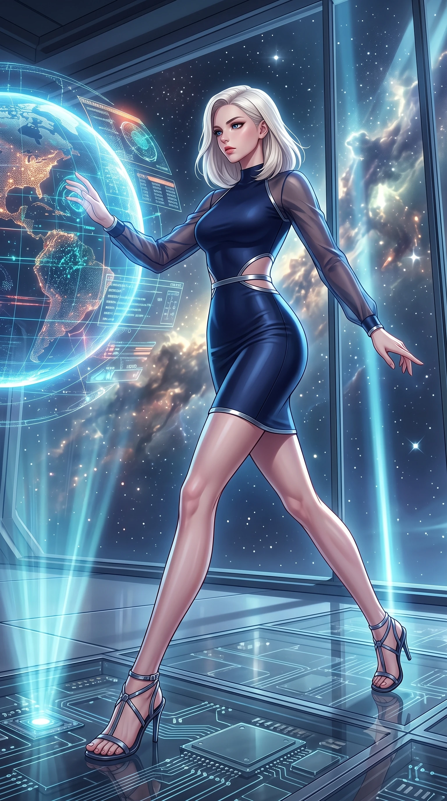 score_9, masterpiece, best quality, ultra-detailed, high-budget anime keyframe, editorial fashion photography, tasteful artistic composition, Caucasian woman. low angle full-body shot from head to toe showing her feet, filling the entire 9:16 vertical frame with her statuesque presence, stretching her vertical silhouette. forging dynamically through the scene, her vertical silhouette beautifully stretched interacting with a giant glowing holographic globe of a cybernetic planet, starlight and cosmic nebula clouds glowing through the floor-to-ceiling glass. She has an absolutely perfect, statuesque 8.5-heads proportion, an exceptionally tall and slender model-like female figure with impossibly long slender legs and an ultra-slim waist. sharp v-shaped jawline, high-bridge nose, intricate jewel-like eyes with depth, thick eyelashes, glossy lips with a natural sheen. wearing a sleek bodycon knit dress with sheer organza sleeve panels in midnight navy blue and chrome trim, formed from sleek second-skin neoprene, featuring subtle geometric cutouts that highlight her ultra-slim midriff, the tailored fabric tightly following every curve of her athletic build. lit by bright volumetric laser beams and soft specular highlights. highly saturated vibrant anime colors, detailed shading with soft gradients, rich glossy textures, high-contrast stereoscopic depth, volumetric dynamic lighting, master piece, 9:16 ratio