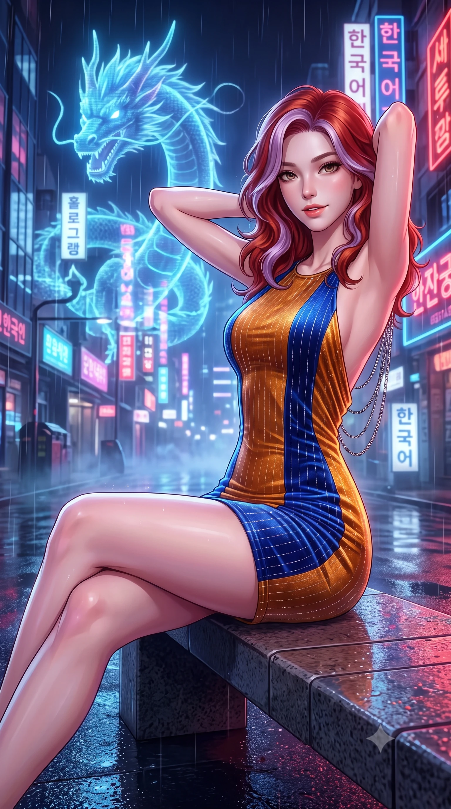 score_9, masterpiece, best quality, ultra-detailed, high-budget anime keyframe, semi-realistic 3D game render, editorial fashion photography, tasteful artistic composition, Caucasian woman. close-up cowboy shot from the waist and thighs up, the character dominates the composition, filling the frame with her large presence. resting both hands lightly behind her neck with elbows raised, arching her spine to highlight her narrow waist, flat midriff, and breathtaking collarbones while lounging gracefully on the heated stone bench with legs extended, displaying her long slender legs and statuesque hourglass silhouette amid rain-washed neon. The surrounding environment is rendered in vivid detail and crisp panoramic clarity: detailed garment styling, crisp anime lines, and futuristic Korean metropolis architecture in high resolution. She has an exceptionally elegant, slender, and willowy female figure with an ultra-slim waist, flat toned midriff, narrow ribcage, and sculpted feminine hips creating an alluring, slim hourglass silhouette without bulk. sharp v-shaped jawline, high-bridge nose, intricate jewel-like sparkling eyes with depth, thick eyelashes, glossy parted lips with a natural peach sheen, bright cheerful beaming smile with an enchanting and coquettish sensual glint, exuding both youthful cute charm and seductive allure, flawlessly proportioned anatomical accuracy, strict slender model proportions, natural body alignment, perfectly sculpted long slender limbs, ultra-slim waistline, clean dynamic posture without body distortion. wearing a tailored velvet bodycon dress with metallic fiber pinstripes following her statuesque 8.5-heads silhouette in Jovian amber and electric storm cobalt, woven from stretch metallic lurex jersey casting radiant starlight glints across her curves, accented with an open-back drape framed by falling strands of delicate chrome chains, the impeccably tailored cut draping gracefully along her slender figure with aristocratic poise. bathed in the glowing azure radiance of the monumental holographic dragon mixed with neon street reflections. highly saturated vibrant anime colors, detailed shading with soft gradients, rich glossy textures, high-contrast stereoscopic depth, volumetric dynamic lighting, master piece, 9:16 ratio