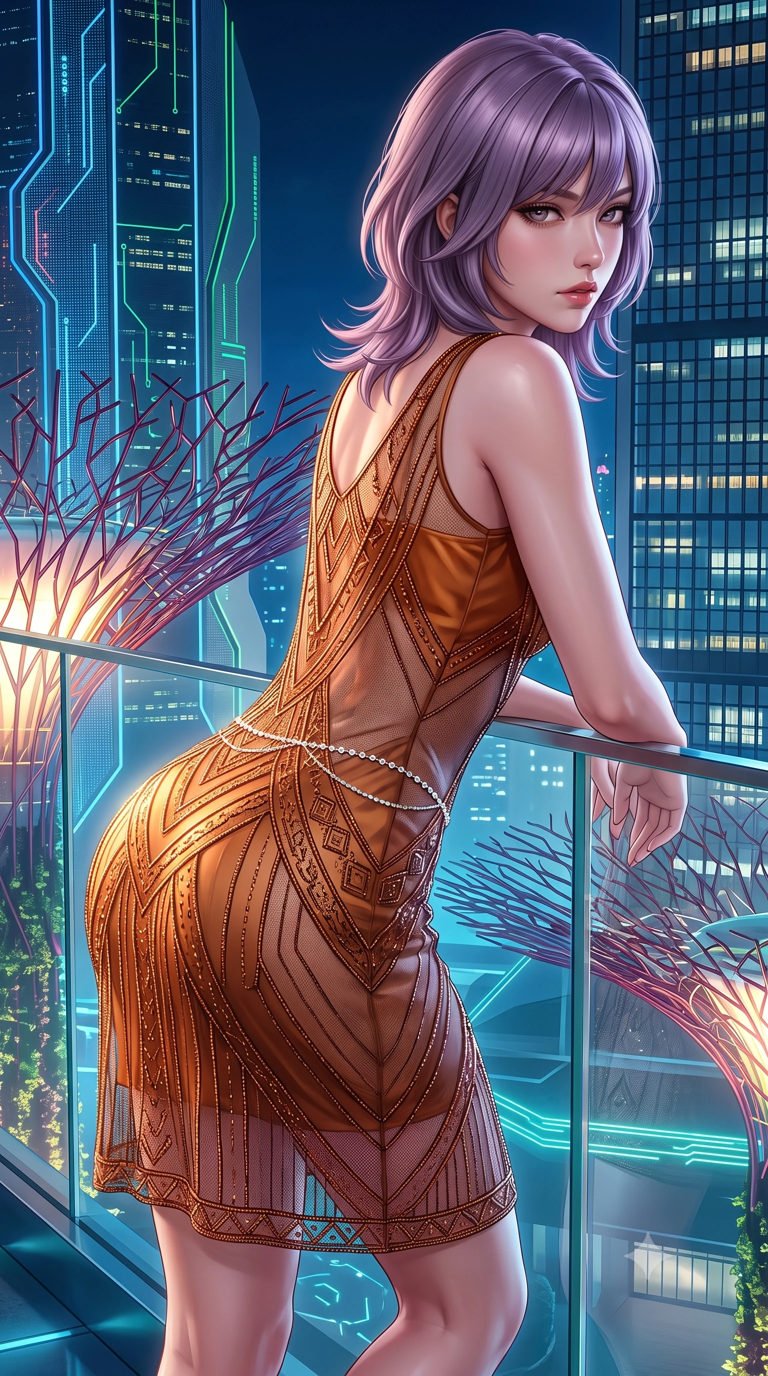 score_9, masterpiece, best quality, ultra-detailed, high-budget anime keyframe, semi-realistic 3D game render, editorial fashion photography, tasteful artistic composition, Japanese woman. close-up cowboy shot from the waist and thighs up, the character dominates the composition, filling the frame with her large presence. twisting her slender torso in a deep contrapposto stance, hips dramatically shifted to accentuate her feminine curves while looking past her shoulder with smoldering bedroom-eyes while leaning forward over the transparent skyway glass railing with hips cocked back, looking back over her shoulder as glowing supertree branches illuminate her curvy hips. The surrounding environment is rendered in vivid detail and crisp panoramic clarity. detailed high-tech fabric sheen, LED circuit lines, and distant skyscraper window grids in high resolution. She has an exceptionally elegant, slender, and willowy female figure with an ultra-slim waist, flat toned midriff, narrow ribcage, and sculpted feminine hips creating an alluring, slim hourglass silhouette without bulk. sharp v-shaped jawline, high-bridge nose, intricate jewel-like eyes with depth, thick eyelashes, glossy parted lips with a natural sheen, intensely captivating and seductive bedroom-eyes expression, flawlessly proportioned anatomical accuracy, strict slender model proportions, natural body alignment, perfectly sculpted long slender limbs, ultra-slim waistline, clean dynamic posture without body distortion. wearing a sheer vintage mesh flapper dress adorned with intricate geometric beadwork over an opaque silk slip in rich copper bronze and warm amber, tailored from liquid silk jersey adhering flawlessly to her slender build, accented with a dainty diamond waist chain catching the ambient light reflections, the second-skin form-contouring cut accentuating her sculpted flat midriff, narrow delicate ribcage, and gracefully curvy hips with supermodel precision. surrounded by a visionary, electrifying, and breathlessly magnificent eco-metropolis queen aura. highly saturated vibrant anime colors, detailed shading with soft gradients, rich glossy textures, high-contrast stereoscopic depth, volumetric dynamic lighting, master piece, 9:16 ratio