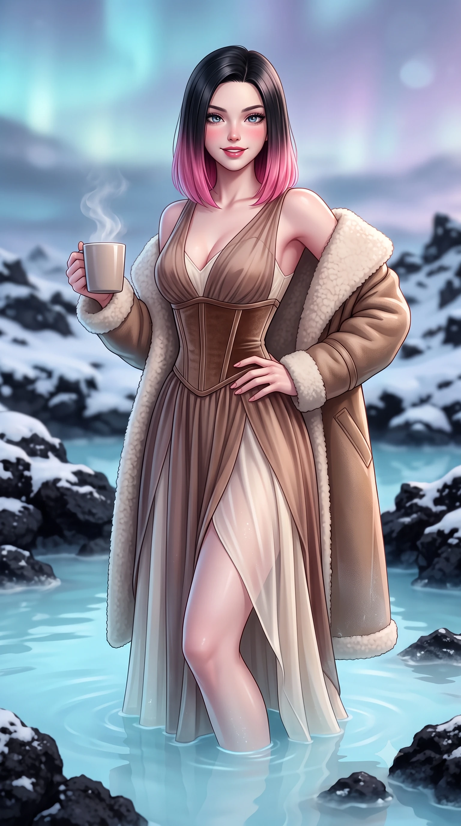 score_9, masterpiece, best quality, ultra-detailed, high-budget anime keyframe, semi-realistic 3D game render, editorial fashion photography, tasteful artistic composition, Korean woman. close-up cowboy shot from the waist and thighs up, the character dominates the composition, filling the frame with her large presence. twisting her slender torso in an alluring contrapposto stance, one hand resting on her sculpted hip while holding a steaming mug with effortless poise while wading into the opaque milky-cyan geothermal waters amidst black lava rocks, arching her back with an intoxicating, mystical smile. The composition keeps background elements in soft focus with dreamy creamy bokeh. endless jagged snow-covered black lava fields and soft Arctic pastel winter twilight blurred into cyan, charcoal, and lavender bokeh. She has an exceptionally elegant, slender, and willowy female figure with an ultra-slim waist, flat toned midriff, narrow ribcage, and sculpted feminine hips creating an alluring, slim hourglass silhouette without bulk. sharp v-shaped jawline, high-bridge nose, sparkling ice-crystal eyes with depth, frosty thick lashes, glossy parted lips with a rosy berry sheen, bright playful smile with an intoxicating seductive glint, rosy flushed cheeks radiating cozy warmth and dangerous allure, flawlessly proportioned anatomical accuracy, strict slender model proportions, natural body alignment, perfectly sculpted long slender limbs, ultra-slim waistline, clean dynamic posture without body distortion. wearing a tiered semi-sheer chiffon and velvet ice-gown with an ultra-slim corseted waist in warm mocha brown and vanilla cream, tailored from crisp technical ski fabric with clean aerodynamic lines, complemented by an oversized plush shearling coat draped casually over one shoulder, the form-contouring cut accentuating her sculpted flat midriff, narrow delicate ribcage, and gracefully curvy hips with alpine supermodel elegance. bathed in soft ethereal Nordic pastel twilight and warm geothermal water illumination. highly saturated vibrant anime colors, detailed shading with soft gradients, rich glossy textures, high-contrast stereoscopic depth, volumetric dynamic lighting, master piece, 9:16 ratio
