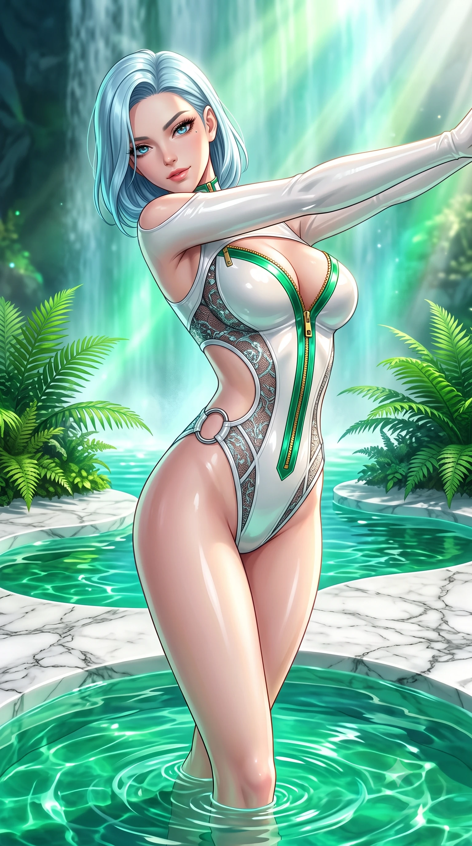 score_9, masterpiece, best quality, ultra-detailed, high-budget anime keyframe, semi-realistic 3D game render, editorial fashion photography, tasteful artistic composition, Korean woman. close-up cowboy shot from the waist and thighs up, the character dominates the composition, filling the frame with her large presence. stretching forward with an alluring arch of her spine, glancing over her shoulder with thick eyelashes and a smoldering half-smile while stepping gracefully through shallow emerald water with an alluring, confident backward glance. The surrounding environment is rendered in vivid detail and crisp panoramic clarity. intricate white marble stone veins, crystal-clear emerald water pools, and lush tropical ferns in deep focus. She has an exceptionally elegant, slender, and willowy female figure with an ultra-slim waist, a gracefully sculpted slender torso, toned flat midriff, and a refined slim silhouette. sharp v-shaped jawline, high-bridge nose, intricate jewel-like eyes with depth, thick eyelashes, glossy lips with a natural sheen, flawlessly proportioned anatomical accuracy, strict slender model proportions, natural body alignment, perfectly sculpted long slender limbs, ultra-slim waistline, clean dynamic posture without body distortion. wearing a glossy white second-skin latex bodysuit with high-thigh cuts, exposed clavicle neckline, and gleaming zipper details in bright emerald green satin and gold hardware, crafted from delicate dark lace interwoven with luminescent micro-fibers, detailed with polished silver rings connecting the daring side-waist cutouts, the glove-like aerodynamic second-skin fit tightly clinging to her ultra-slender waist and athletic curves without adding bulk, accentuating her razor-sharp statuesque lines and slim hourglass silhouette. bathed in bright morning sunbeams penetrating waterfall mist with radiant green and cyan ambient glow. highly saturated vibrant anime colors, detailed shading with soft gradients, rich glossy textures, high-contrast stereoscopic depth, volumetric dynamic lighting, master piece, 9:16 ratio