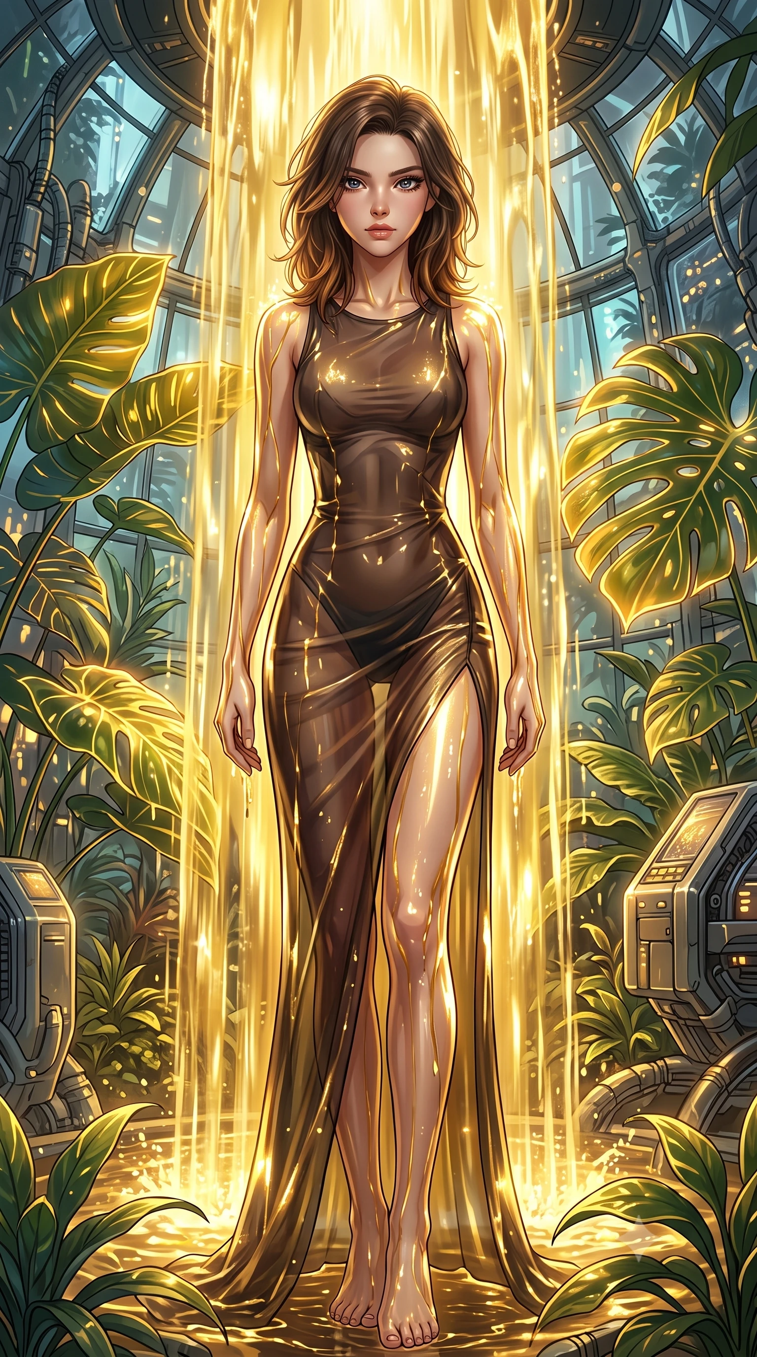 score_9, masterpiece, best quality, ultra-detailed, High-budget Anime Keyframe, East Asian woman. Dynamic full-body shot stretching the vertical silhouette to the limit. Scenario 340: standing under a waterfall of liquid gold, the fluid coating her form, in a cybernetic greenhouse filled with giant glowing tropical leaves. Her presence is magnetic and overpowering in this high-budget anime scene. Outfit 340: a body-hugging sheer organza dangerous with a thigh-high slit and tight-fitting silhouette. The clothing is designed to emphasize her exceptionally tall and slender 8-heads proportion. 8-heads proportion, towering silhouette, ultra-slim waist. sharp v-shaped jawline, intricate jewel-like eyes with depth, thick eyelashes, glossy lips. 2k, ultra detail, master piece, 9:16 ratio