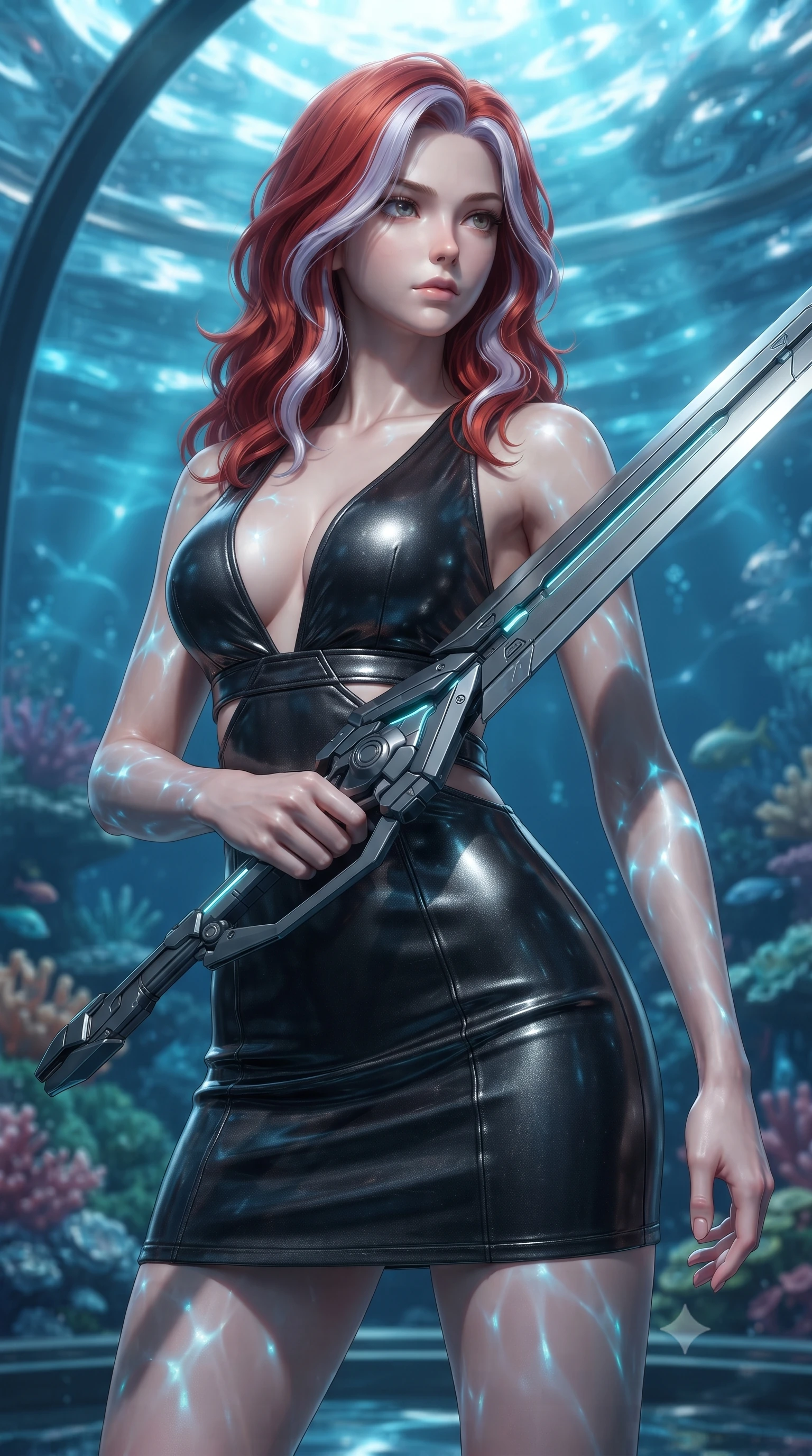 score_9, masterpiece, best quality, ultra-detailed, high-budget anime keyframe, editorial fashion photography, tasteful artistic composition, Caucasian woman. close-up cowboy shot from the waist and thighs up, the character dominates the composition, filling the frame with her large presence, background elements kept in soft focus. holding a deactivated nanotech glaive, looking past the camera with quiet, sharp focus and a composed expression, the background shows a soft-focus a sub-oceanic reef base with glass walls facing a sea of liquid chrome. She has an exceptionally elegant, slender, and willowy female figure with an ultra-slim waist, a gracefully sculpted slender torso, and a refined silhouette. sharp v-shaped jawline, high-bridge nose, intricate jewel-like eyes with depth, thick eyelashes, glossy lips with a natural sheen. wearing a tailored combat sundress with double waist cutouts and a plunging neckline in carbon-black linen. shifting aqua-blue starlight refracting through mercury waves onto her form. ultra-reflective glossy finish, specular highlights, metallic sheen, high-contrast stereoscopic depth, volumetric dynamic lighting, 2k, ultra detail, master piece, 9:16 ratio