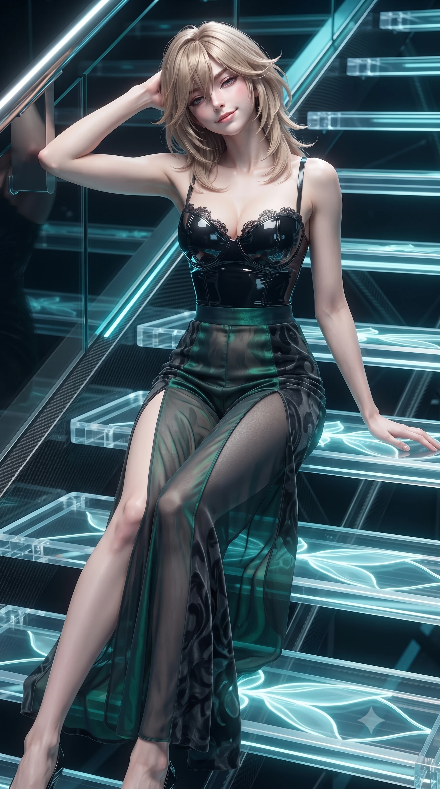 score_9, masterpiece, best quality, ultra-detailed, high-budget anime keyframe, editorial fashion photography, tasteful artistic composition, Japanese woman. close-up cowboy shot from the waist and thighs up, the character dominates the composition, filling the frame with her large presence. leaning back against the balustrade with relaxed seductive grace, head tilted back slightly while casting a hypnotic, heavy-lidded gaze while sitting on a catwalk stair tread with legs extended gracefully downward, displaying her impossibly long slender limbs with supermodel cool. The surrounding environment is rendered in vivid detail and crisp panoramic clarity: sharp glowing flower petal veins, clear acrylic catwalk tread edges, and carbon-fiber structural truss ribs in deep focus. She has an exceptionally elegant, slender, and willowy female figure with an ultra-slim waist, flat toned midriff, narrow ribcage, and sculpted feminine hips creating an alluring, slim hourglass silhouette without bulk. sharp v-shaped jawline, high-bridge nose, sparkling eyes with hypnotic seductive depth, thick curled eyelashes, glossy parted lips with a natural dewy peach sheen, alluring bedroom-eyes with an enchanting coquettish smile, exuding magnetic siren charisma and sophisticated glamour, flawlessly proportioned anatomical accuracy, strict slender model proportions, natural body alignment, perfectly sculpted long slender limbs, ultra-slim waistline, clean dynamic posture without body distortion. wearing a wet-look form-fitting vinyl bustier paired with sheer chiffon high-slit wide-leg trousers in iridescent emerald satin and dark charcoal velvet, made of semi-opaque stretch illusion mesh with soft shadowy contours, finished with scalloped eyelash lace trim framing her sweetheart neckline with intimate elegance, the glove-like clinging cut tightly following the natural contour of her hips and long slender legs with youthful 8.5-heads elegance. illuminated by acrylic catwalk reflection fill and sharp electric-cyan rim lights defining her delicate clavicles, ultra-slim waist, and curvy hips. ultra-reflective glossy finish, specular highlights, rich textural contrasts, high-contrast stereoscopic depth, volumetric dynamic lighting, 2k, ultra detail, master piece, 9:16 ratio