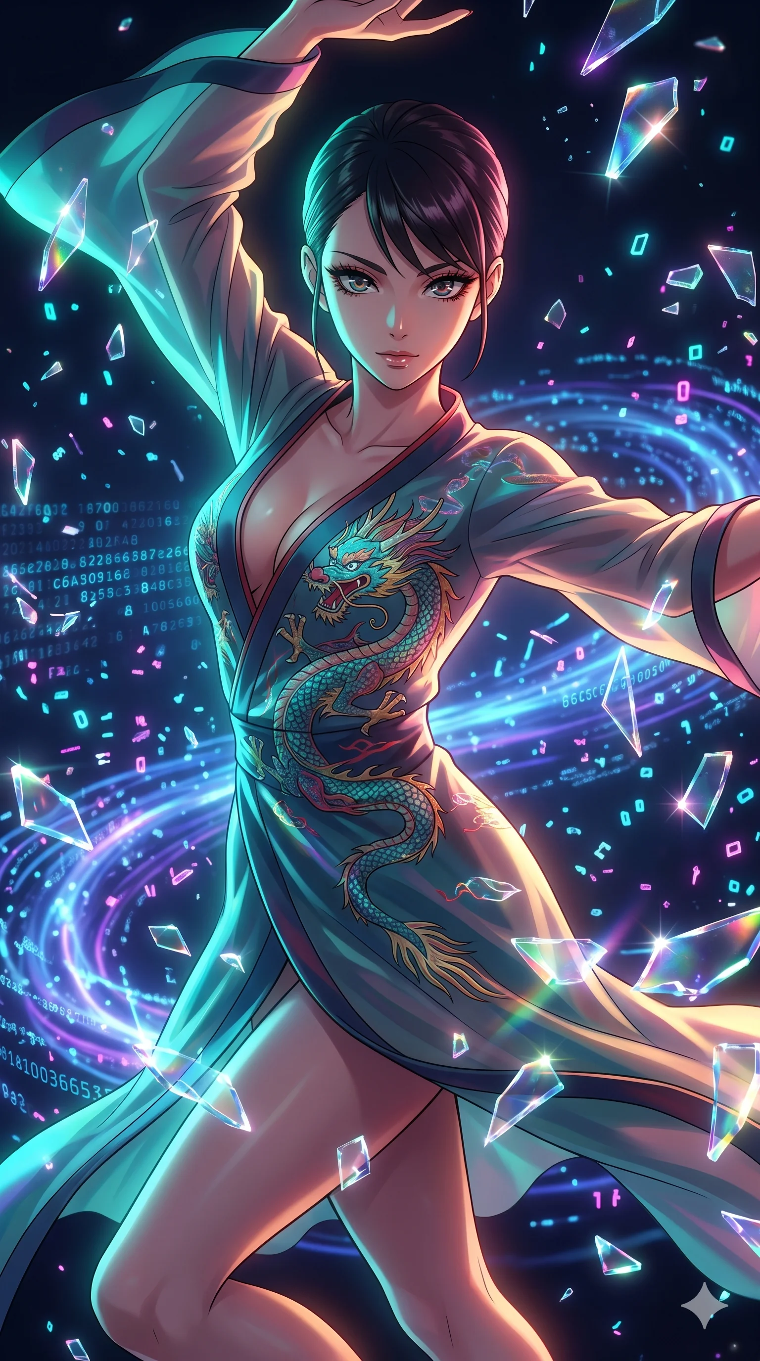 score_9, masterpiece, best quality, ultra-detailed, Set A: High-budget Anime Keyframe, Japanese woman. Upper body close-up from the thighs up, character filling the screen for maximum presence. Dancing through a virtual reality void, while a digital blizzard of 159 bits obscures the horizon and surrounded by shattered glass fragments. She has an absolutely perfect 8-heads proportion, an exceptionally tall and slender female figure with impossibly long slender legs and an ultra-slim waist. Sharp v-shaped jawline, high-bridge nose, intricate jewel-like eyes with depth, thick eyelashes, glossy lips with a natural sheen. Wearing Traditional fusion robe with a deep V-cut and holographic dragon embroidery. Cinematic lighting, vibrant colors, dramatic shadows, 2k, ultra detail, master piece, 9:16 ratio