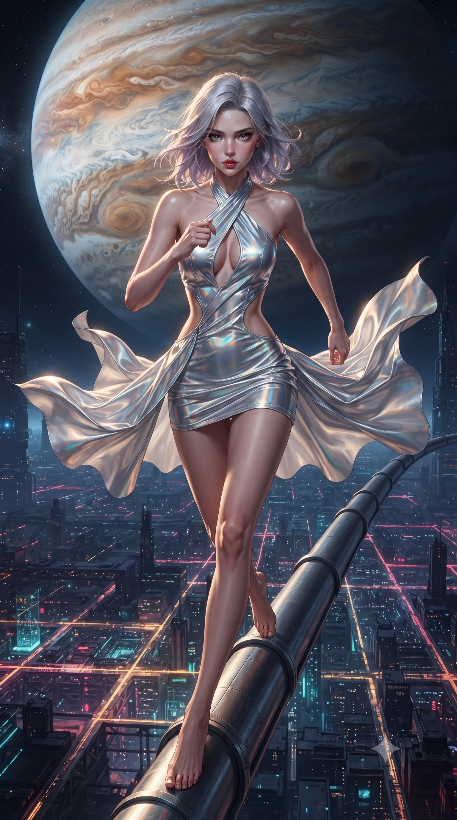 score_9, masterpiece, best quality, ultra-detailed, high-budget anime keyframe, editorial fashion photography, tasteful artistic composition, realistic cosplay photography, Caucasian woman, strictly human ears. low angle full-body shot from head to toe showing her feet, filling the entire 9:16 vertical frame with her statuesque presence, stretching her vertical silhouette. dashing forward aggressively along a narrow pipe high above the neon city grid through floating in low orbit of a gas giant, massive storm bands and swirling vortexes visible on the planet surface. She has a statuesque 8.5-heads proportion, an exceptionally tall, slender and willowy model-like build with impossibly long legs and a highly sculpted ultra-slim waist. sharp v-shaped jawline, high-bridge nose, intricate jewel-like eyes with depth, thick eyelashes, glossy lips with a natural sheen. wearing the lightweight fabric rippling and billowing dramatically with her movement, a form-contouring holographic silver mini dress featuring a dramatic open-waist cutout and a plunging asymmetric halter neck, highlighting her slender waist. dramatic chiaroscuro with a single golden key light sculpting her silhouette. ultra-reflective glossy finish, specular highlights, metallic sheen, high-contrast stereoscopic depth, volumetric dynamic lighting, 2k, ultra detail, master piece, 9:16 ratio