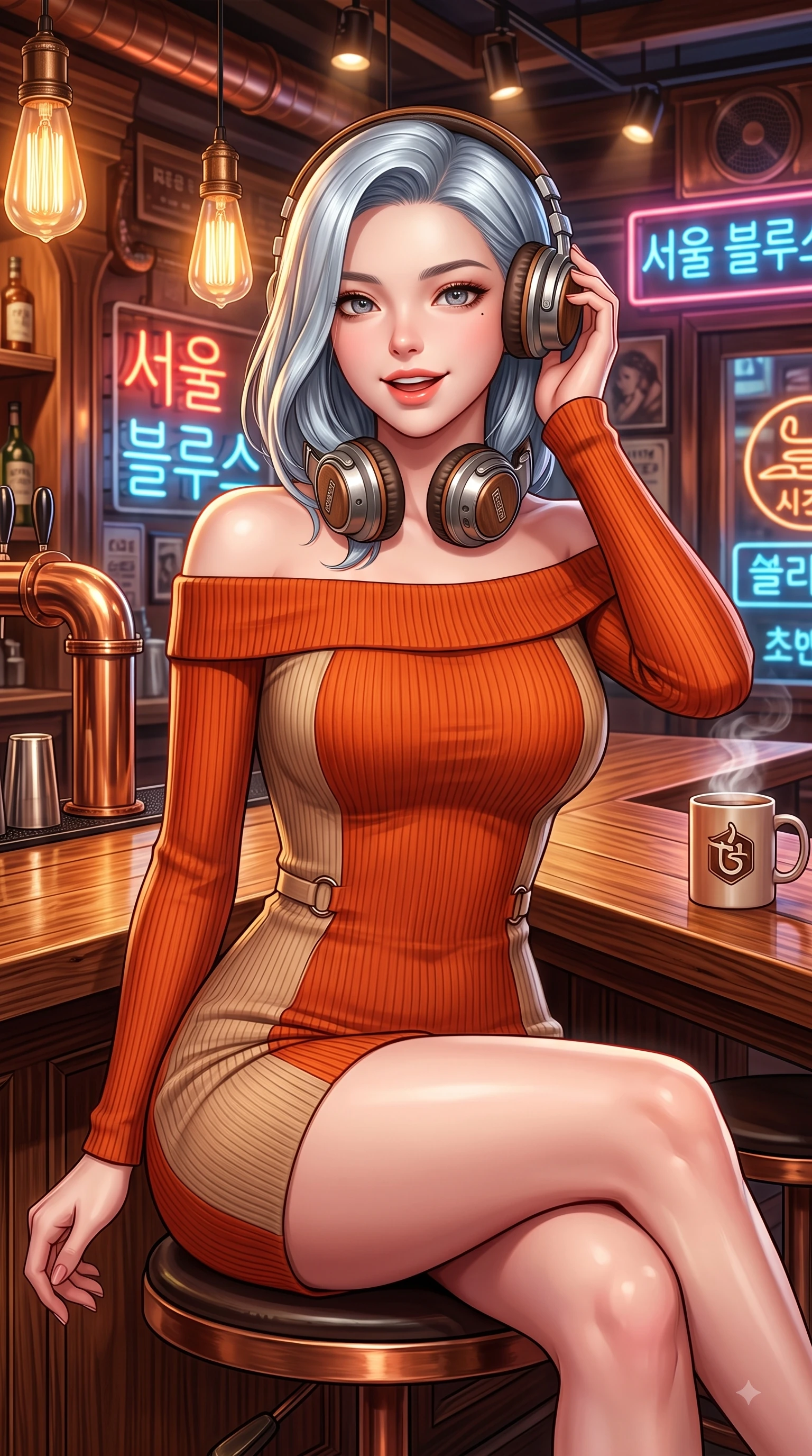 score_9, masterpiece, best quality, ultra-detailed, high-budget anime keyframe, editorial fashion photography, tasteful artistic composition, Korean woman. close-up cowboy shot from the waist and thighs up, the character dominates the composition, filling the frame with her large presence. Playful cute expression with a warm smile and parted lips, looking right into the camera with vibrant energy while sitting at a wooden counter wearing vintage headphones with a joyful, relaxed smile. The surrounding environment is rendered in vivid detail and crisp panoramic clarity. warm amber Edison bulb lamps, neon signage, and polished wood textures in deep focus. She has an exceptionally elegant, slender, and willowy female figure with an ultra-slim waist, a gracefully sculpted slender torso, and a refined silhouette. sharp v-shaped jawline, high-bridge nose, intricate jewel-like eyes with depth, thick eyelashes, glossy lips with a natural sheen, flawlessly proportioned anatomical accuracy, natural body alignment, perfectly sculpted elegant limbs, clean dynamic posture without body distortion. wearing a sleek off-shoulder ribbed knit dress accentuating her graceful collarbones and slender waist in bright burnt orange and warm beige, tailored from fine wool crepe with clean lines, accented with subtle metallic ring hardware framing her waist, the elegant draped fit framing her graceful clavicle and slender torso. illuminated by cozy directional spotlights and rich mahogany reflections. highly saturated vibrant anime colors, detailed shading with soft gradients, rich glossy textures, high-contrast stereoscopic depth, volumetric dynamic lighting, master piece, 9:16 ratio