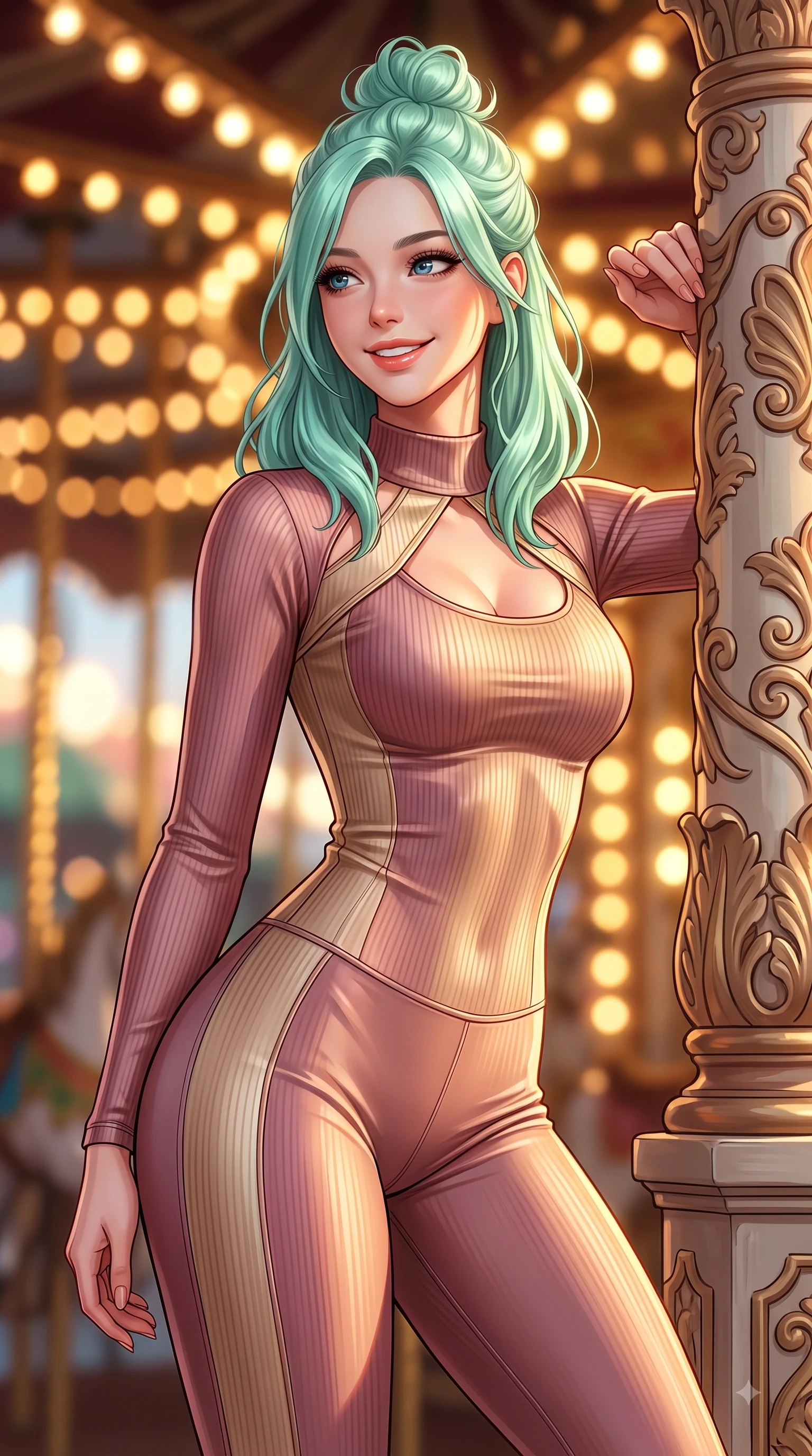 score_9, masterpiece, best quality, ultra-detailed, high-budget anime keyframe, editorial fashion photography, tasteful artistic composition, Japanese woman. close-up cowboy shot from the waist and thighs up, the character dominates the composition, filling the frame with her large presence, background elements kept in soft focus. Warm delightful smile while casting a playful, joyful side-gaze with heavy lashes and a glowing expression while resting playfully against a carved carousel pillar as warm golden hour lamps trace her figure, thousands of warm vintage light bulbs casting glowing golden circles in soft bokeh. She has an exceptionally elegant, slender, and willowy female figure with an ultra-slim waist, a gracefully sculpted slender torso, and a refined silhouette. sharp v-shaped jawline, high-bridge nose, intricate jewel-like eyes with depth, thick eyelashes, glossy lips with a natural sheen, flawlessly proportioned anatomical accuracy, natural body alignment, perfectly sculpted elegant limbs, clean dynamic posture without body distortion. wearing a form-fitting ribbed activewear set with elegant collar cutouts in dusty rose and champagne gold, crafted from smooth liquid silk, accented with a Tasteful chest slit framing her clavicle gracefully, the tailored fabric tightly following every curve of her athletic build. bathed in glorious golden hour sunbeams and warm amber carousel lamp radiance. highly saturated vibrant anime colors, detailed shading with soft gradients, rich glossy textures, high-contrast stereoscopic depth, volumetric dynamic lighting, master piece, 9:16 ratio