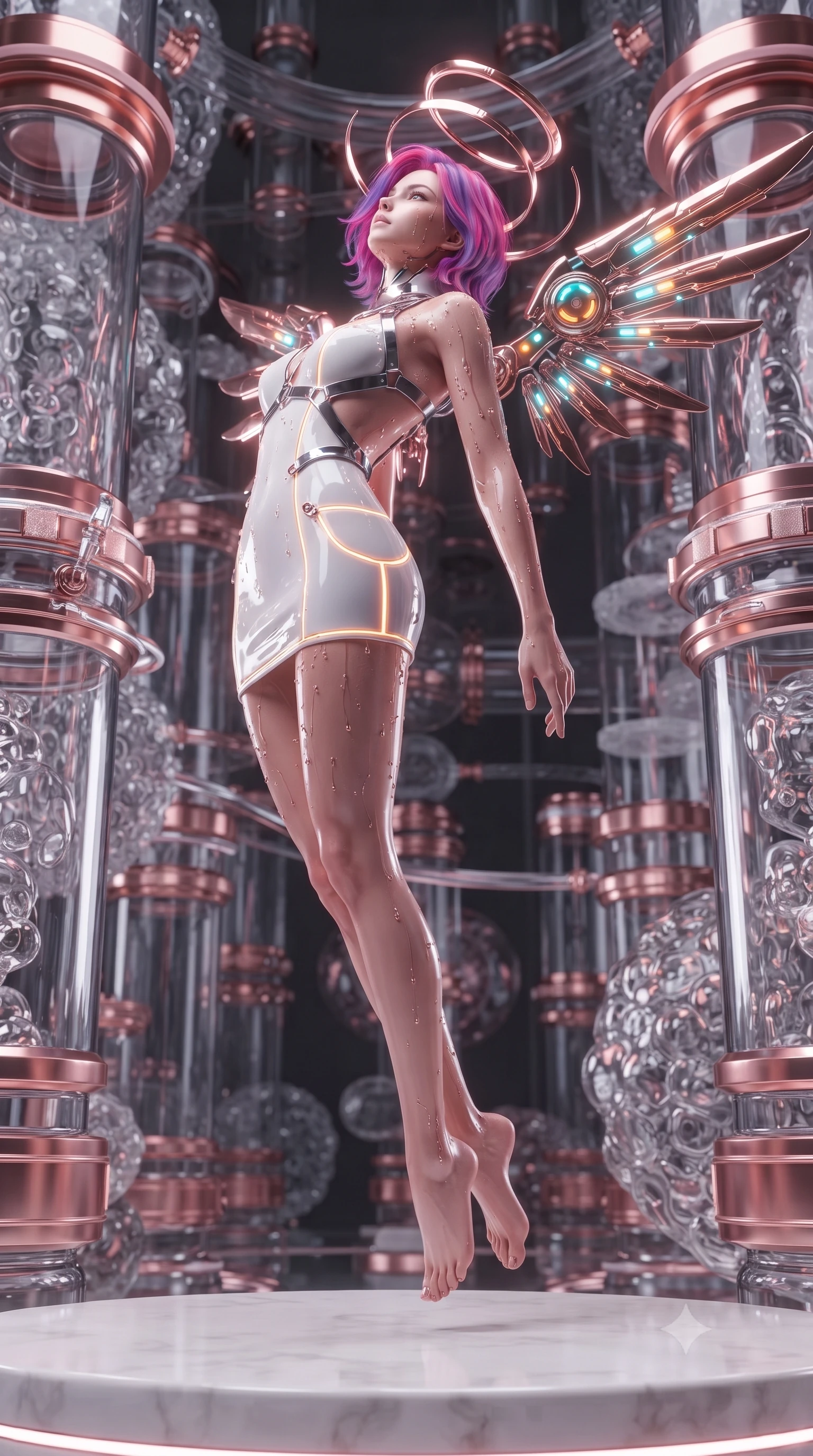 score_9, masterpiece, best quality, ultra-detailed, high-budget anime keyframe, editorial fashion photography, tasteful artistic composition, Caucasian woman. low angle full-body shot from head to toe showing her feet, filling the entire 9:16 vertical frame with her statuesque presence, stretching her vertical silhouette. arching her back gracefully in mid-air as glowing mechanical wings and floating cybernetic halos frame her statuesque presence while ascending a white quartz platform as nano-fluid droplets glisten like liquid rose gold along her sculpted contour. The surrounding environment is rendered in vivid detail and crisp panoramic clarity. intricate crystal glass cylinder seams, nano-fluid bubble textures, and rose-gold metal fittings in deep focus. She has an absolutely perfect, statuesque 8.5-heads proportion, an exceptionally tall and slender model-like female figure with impossibly long slender legs, a toned flat midriff, and an ultra-slim waist. sharp v-shaped jawline, high-bridge nose, intricate jewel-like eyes with depth, thick eyelashes, glossy lips with a natural sheen, flawlessly proportioned anatomical accuracy, strict slender model proportions, natural body alignment, perfectly sculpted long slender limbs, ultra-slim waistline, clean dynamic posture without body distortion. wearing a high-gloss lacquer cyber-couture mini dress with an open-back architectural cut and subtle glowing micro-filaments in high-contrast monochrome white enamel and glowing amber lines, formed from high-gloss patent material with specular chiaroscuro reflections, reinforced by a sleek metallic chrome harness and delicate glowing micro-straps, the liquid-tight tailored fabric emphasizing every curve of her tall, slender model proportions and sculptured silhouette during dynamic movement. bathed in soft glowing rose-gold and pink nanotech ambient radiance with pure white key lighting. ultra-reflective glossy finish, specular highlights, dark metallic sheen, high-contrast stereoscopic depth, volumetric dynamic lighting, 2k, ultra detail, master piece, 9:16 ratio