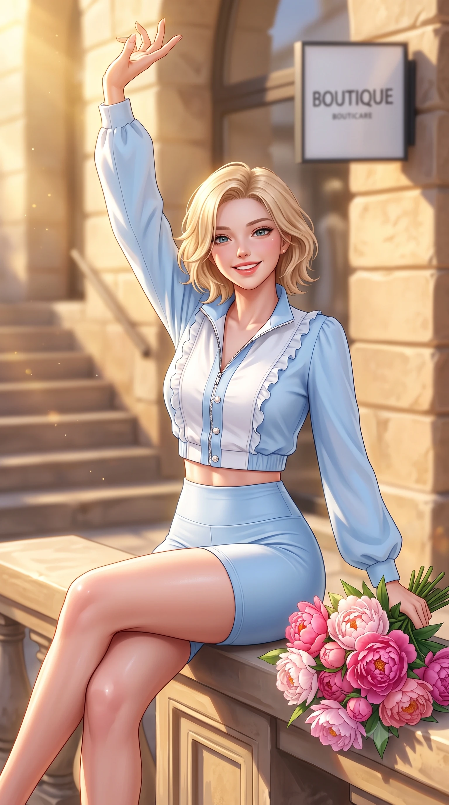 score_9, masterpiece, best quality, ultra-detailed, high-budget anime keyframe, semi-realistic 3D game render, editorial fashion photography, tasteful artistic composition, Caucasian woman. close-up cowboy shot from the waist and thighs up, the character dominates the composition, filling the frame with her large presence. playfully stretching one arm overhead toward the sun, her radiant smile capturing fresh girlhood charm while her arched torso reveals an intoxicating hip contour while sitting perched on the boutique terrace ledge with legs crossed, holding a bouquet of fresh peonies with a radiant, coquettish expression. The composition keeps background elements in soft focus with dreamy creamy bokeh. sun-dappled stone steps and modern boutique signage softened in stylish urban shallow focus. She has an exceptionally elegant, slender, and willowy female figure with an ultra-slim waist, flat toned midriff, narrow ribcage, and sculpted feminine hips creating an alluring, slim hourglass silhouette without bulk. sharp v-shaped jawline, high-bridge nose, intricate jewel-like sparkling eyes with depth, thick eyelashes, glossy parted lips with a natural peach sheen, bright cheerful beaming smile with an enchanting and coquettish sensual glint, exuding both youthful cute charm and seductive allure, flawlessly proportioned anatomical accuracy, strict slender model proportions, natural body alignment, perfectly sculpted long slender limbs, ultra-slim waistline, clean dynamic posture without body distortion. wearing a sporty chic zip-up crop jacket paired with high-waisted biker shorts clinging to her athletic hips in soft baby blue and crisp cloud white, tailored from fine lightweight chiffon that flutters gently in the breeze, finished with subtle ruffle trims and delicate pearl buttons, the high-waisted tailoring accentuating her ultra-slim waistline and the enchanting curve of her feminine hips with alluring charm. bathed in glorious golden hour afternoon sunlight reflecting off warm stone facades. highly saturated vibrant anime colors, detailed shading with soft gradients, rich glossy textures, high-contrast stereoscopic depth, volumetric dynamic lighting, master piece, 9:16 ratio
