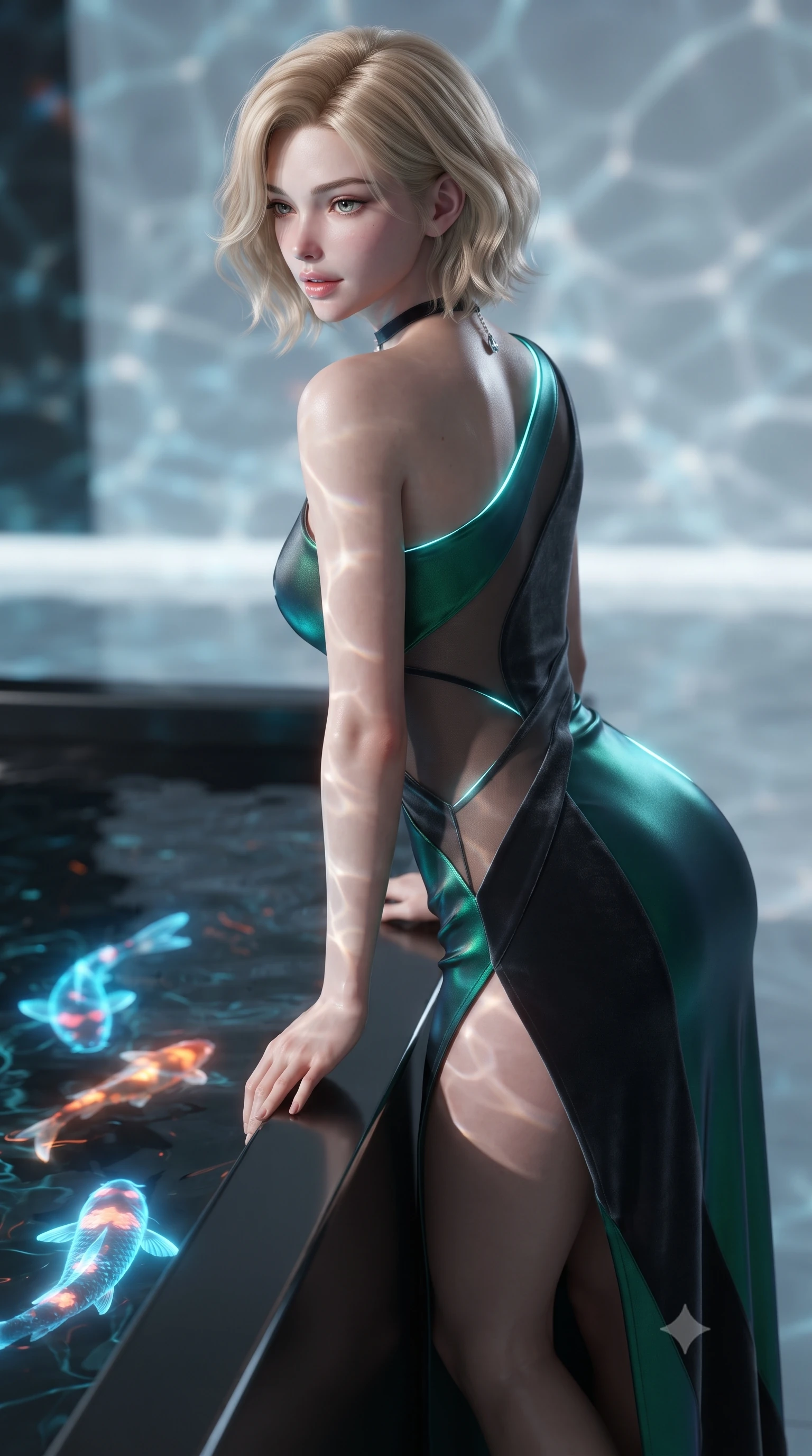 score_9, masterpiece, best quality, ultra-detailed, high-budget anime keyframe, editorial fashion photography, tasteful artistic composition, Caucasian woman. close-up cowboy shot from the waist and thighs up, the character dominates the composition, filling the frame with her large presence. posing in an alluring rear three-quarter angle, looking over a bare shoulder with parted glossy lips, her hips cocked back to highlight her slim hourglass curve while leaning over the black titanium pool edge with hips cocked back, gazing at swimming digital holographic koi fish with an alluring smile. The background shows a soft-focus digital water ripple effects softened in avant-garde sci-fi shallow focus. She has an exceptionally elegant, slender, and willowy female figure with an ultra-slim waist, flat toned midriff, narrow ribcage, and sculpted feminine hips creating an alluring, slim hourglass silhouette without bulk. sharp v-shaped jawline, high-bridge nose, sparkling eyes with hypnotic seductive depth, thick curled eyelashes, glossy parted lips with a natural dewy peach sheen, alluring bedroom-eyes with an enchanting coquettish smile, exuding magnetic siren charisma and sophisticated glamour, flawlessly proportioned anatomical accuracy, strict slender model proportions, natural body alignment, perfectly sculpted long slender limbs, ultra-slim waistline, clean dynamic posture without body distortion. wearing an asymmetric one-shoulder liquid jersey gown with dramatic hip-high slit and sculptural waist cutout in iridescent emerald satin and dark charcoal velvet, made of semi-opaque stretch illusion mesh with soft shadowy contours, finished with a thin velvet ribbon choker and a single teardrop diamond pendant, the second-skin tailored fabric adhering flawlessly to her sculpted flat midriff and slender torso, emphasizing her long leg lines and perfectly proportioned willowy build. illuminated by water surface caustic reflections and sharp electric-cyan rim lights defining her delicate clavicles, narrow waist, and curvy hips. ultra-reflective glossy finish, specular highlights, rich textural contrasts, high-contrast stereoscopic depth, volumetric dynamic lighting, 2k, ultra detail, master piece, 9:16 ratio