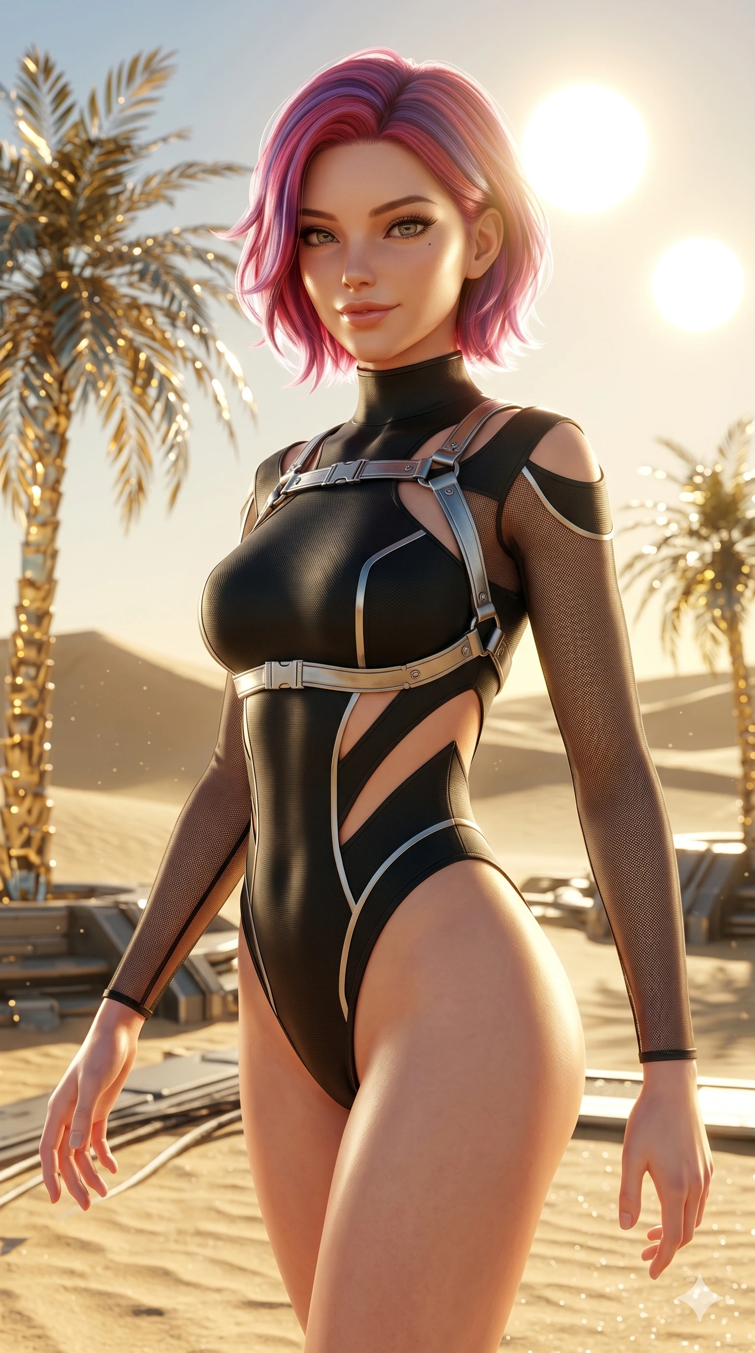 score_9, masterpiece, best quality, ultra-detailed, high-budget anime keyframe, semi-realistic 3D game render, Caucasian woman, strictly human ears. Upper body close-up from the thighs up, character filling the screen for maximum presence. She is walking through a futuristic sand dune oasis under twin suns, with digital glass palms reflecting gold. She turns her upper body with a seductive, mysterious expression. She has an absolutely perfect 8-heads proportion, an exceptionally tall and slender female figure with impossibly long slender legs and an ultra-slim waist. V-shaped jawline, high-bridge nose, intricate jewel-like eyes with depth, thick eyelashes, glossy lips with a natural sheen. She is wearing an ultra-sleek high-cut tech-bodysuit featuring dangerous diagonal slitted cutouts on the midriff and shoulders, reinforced by a metallic silver harness and sheer mesh sleeves. The scene is bathed in intense, bright golden desert sun and sharp specular highlights on her smooth skin. 2k, ultra detail, master piece, 9:16 ratio