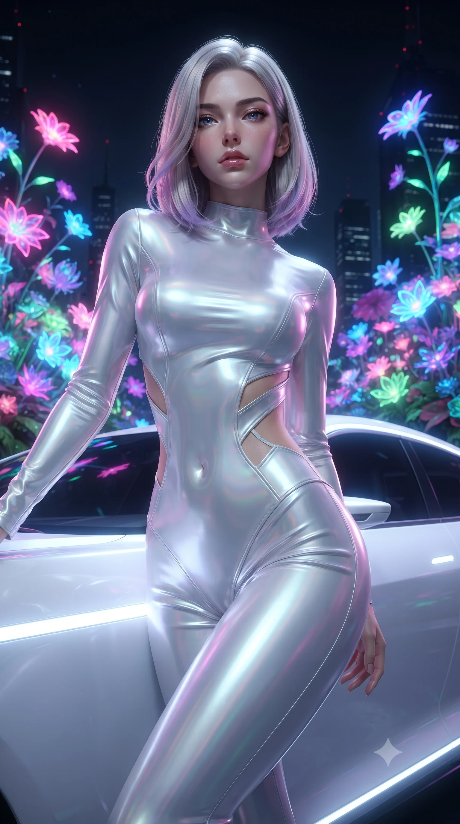 score_9, masterpiece, best quality, ultra-detailed, High-budget Anime Keyframe, editorial fashion photography, tasteful artistic composition, realistic cosplay photography, Caucasian woman, strictly human ears. Low angle cowboy shot filling the entire 9:16 frame with her statuesque presence. Scenario 295: leaning against a sleek white hover-limousine by a virtual garden where neon flowers bloom in the dark. Her presence is magnetic and overpowering in this high-budget cinematic scene. Outfit 295: a tailored molten liquid silk second with a strategic side cut-outs and tight-fitting silhouette. The clothing is designed to emphasize her exceptionally tall and slender 8-heads proportion. 8-heads proportion, towering silhouette, ultra-slim waist. sharp v-shaped jawline, intricate jewel-like eyes with depth, thick eyelashes, glossy lips. ultra-reflective glossy finish, specular highlights, metallic sheen, high-contrast stereoscopic depth, volumetric dynamic lighting, 2k, ultra detail, master piece, 9:16 ratio