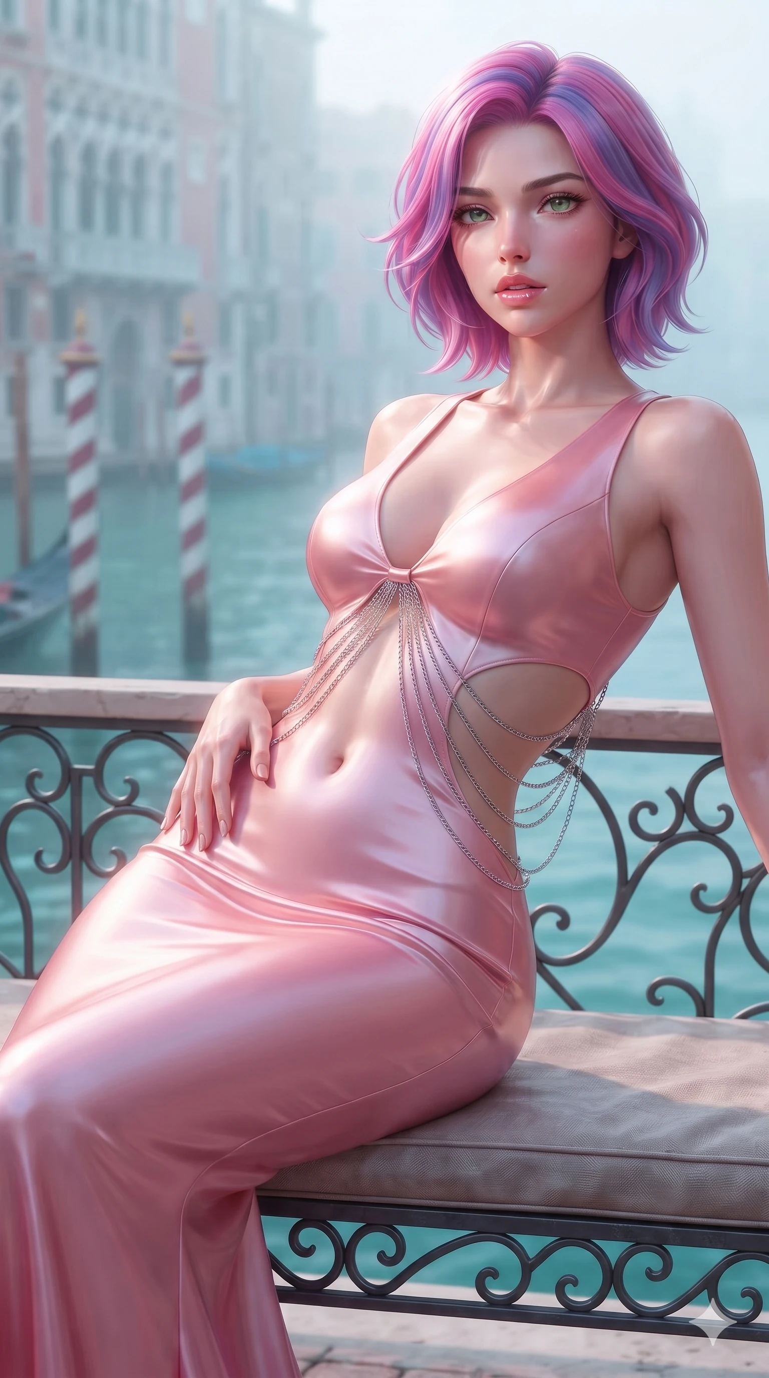 score_9, masterpiece, best quality, ultra-detailed, high-budget anime keyframe, semi-realistic 3D game render, editorial fashion photography, tasteful artistic composition, Caucasian woman. close-up cowboy shot from the waist and thighs up, the character dominates the composition, filling the frame with her large presence. resting one manicured hand delicately on her hip bone, her upper body turning in a fluid, seductive S-curve while parted lips glisten in the light while lounging gracefully across a wrought-iron terrace settee, her flat midriff and feminine hips bathed in soft morning mist reflecting canal turquoise. The composition keeps background elements in soft focus with creamy bokeh: mist-veiled Grand Canal waters, striped wooden gondola mooring poles, and distant gothic palazzo facades blurred into aquamarine, rose, and misty silver bokeh. She has an exceptionally elegant, slender, and willowy female figure with an ultra-slim waist, flat toned midriff, narrow ribcage, and sculpted feminine hips creating an alluring, slim hourglass silhouette without bulk. sharp v-shaped jawline, high-bridge nose, intricate jewel-like eyes with depth, thick eyelashes, glossy parted lips with a natural sheen, intensely captivating and seductive bedroom-eyes expression, flawlessly proportioned anatomical accuracy, strict slender model proportions, natural body alignment, perfectly sculpted long slender limbs, ultra-slim waistline, clean dynamic posture without body distortion. wearing a sculptured liquid-satin mermaid gown with an architectural open-waist cutout and bare spine descending to the tailbone in prismatic rose-quartz and alien peach, crafted from fluid liquid silk satin that clings smoothly to her narrow waist and rounded hips with a dewy sheen, accented with an open-back drape framed by falling strands of delicate chrome chains, the impeccably tailored cut draping gracefully along her slender figure with aristocratic poise. highly saturated vibrant anime colors, detailed shading with soft gradients, crisp rim lighting defining her jawline, narrow waist, and curvy hips. highly saturated vibrant anime colors, detailed shading with soft gradients, rich glossy textures, high-contrast stereoscopic depth, volumetric dynamic lighting, master piece, 9:16 ratio
