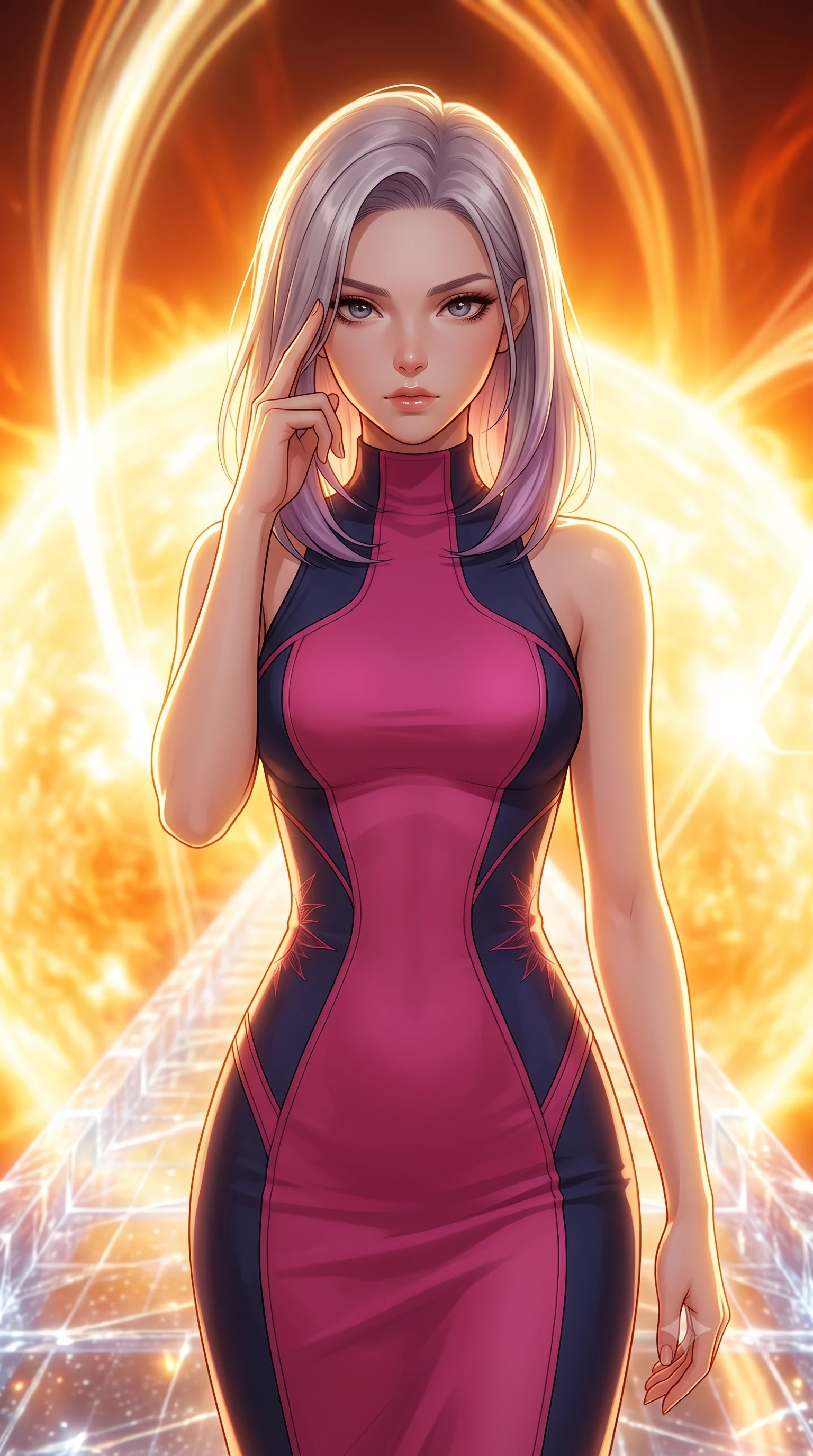 score_9, masterpiece, best quality, ultra-detailed, high-budget anime keyframe, editorial fashion photography, tasteful artistic composition, Caucasian woman, strictly human ears. close-up cowboy shot from the waist and thighs up, the character dominates the composition, filling the frame with her large presence, background elements kept in soft focus. Pressing two fingers to her temple in a composed thoughtful gesture. set against a soft-focus background of a bridge made of solidified solar plasma stretching across the blazing corona of the sun with heat shimmer distorting the view and enormous magnetic field lines arcing overhead like golden ribbons. She has an exceptionally elegant and slender, willowy female figure with an ultra-slim waist, a gracefully sculpted slender torso, and a refined slim physique. sharp v-shaped jawline, high-bridge nose, intricate jewel-like eyes with depth, thick eyelashes, glossy lips with a natural sheen. wearing a high-neck bodycon midi dress in a dual-tone of fuchsia and navy, sculpting her slender dancer frame with elegant lines. overwhelming golden-white solar radiance from all directions with intense hot orange corona glow and plasma flare highlights creating a blinding luminous atmosphere. 2k, ultra detail, master piece, 9:16 ratio
