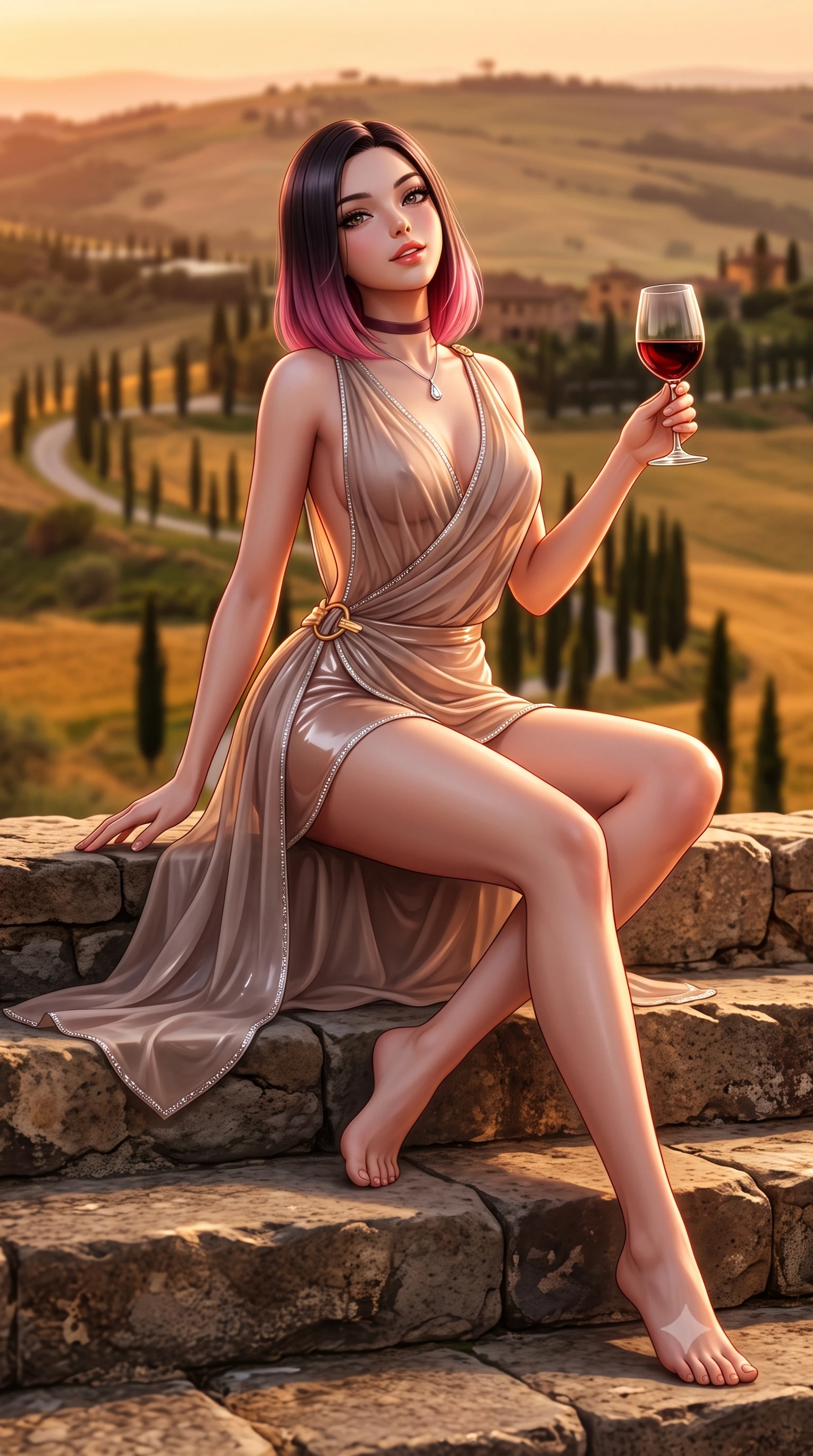 score_9, masterpiece, best quality, ultra-detailed, high-budget anime keyframe, semi-realistic 3D game render, editorial fashion photography, tasteful artistic composition, Korean woman. low angle full-body shot from head to toe showing her feet, filling the entire 9:16 vertical frame with her statuesque presence, stretching her vertical silhouette. sitting poised on the stone steps with one knee bent, arching her spine with supermodel elegance as she glances upward through thick eyelashes while sitting perched on the terrace stone steps with legs crossed, holding a crystal glass of Brunello di Montalcino with an alluring, parted-lip smile. The background shows a soft-focus rolling golden hills of Val d'Orcia, winding rows of dark green cypress trees, and ancient stone farmhouses blurred into amber, terracotta, and olive-gold bokeh. She has an absolutely perfect, statuesque 8.5-heads proportion, an exceptionally tall and slender model-like female figure with impossibly long slender legs, an ultra-slim waist, a flat toned midriff, narrow delicate ribcage, and beautifully sculpted feminine hips creating a graceful, slim hourglass silhouette without any bulky heaviness. sharp v-shaped jawline, high-bridge nose, sparkling eyes with hypnotic seductive depth, thick curled eyelashes, glossy parted lips with a natural dewy peach sheen, alluring bedroom-eyes with an enchanting coquettish smile, exuding magnetic siren charisma and sophisticated glamour, flawlessly proportioned anatomical accuracy, strict slender model proportions, natural body alignment, perfectly sculpted long slender limbs, ultra-slim waistline, clean dynamic posture without body distortion. wearing a draped Greek-goddess style silk chiffon mini toga dress with an open back and golden hip fibula in sheer dusky champagne and glistening crystal trims, crafted from wet-look high-gloss vinyl fabric with dazzling specular surface reflections, finished with a thin velvet ribbon choker and a single teardrop diamond pendant, the liquid-tight tailored fabric clinging flawlessly to her narrow waist and rounded feminine hips, emphasizing every millimeter of her sculpted slim hourglass curves without any bulky heaviness. illuminated by terracotta floor bounce and sharp molten-bronze rim lights sculpting her razor-sharp jawline, narrow waist, and curvy hips. highly saturated vibrant anime colors, detailed shading with soft gradients, rich glossy textures, high-contrast stereoscopic depth, volumetric dynamic lighting, master piece, 9:16 ratio