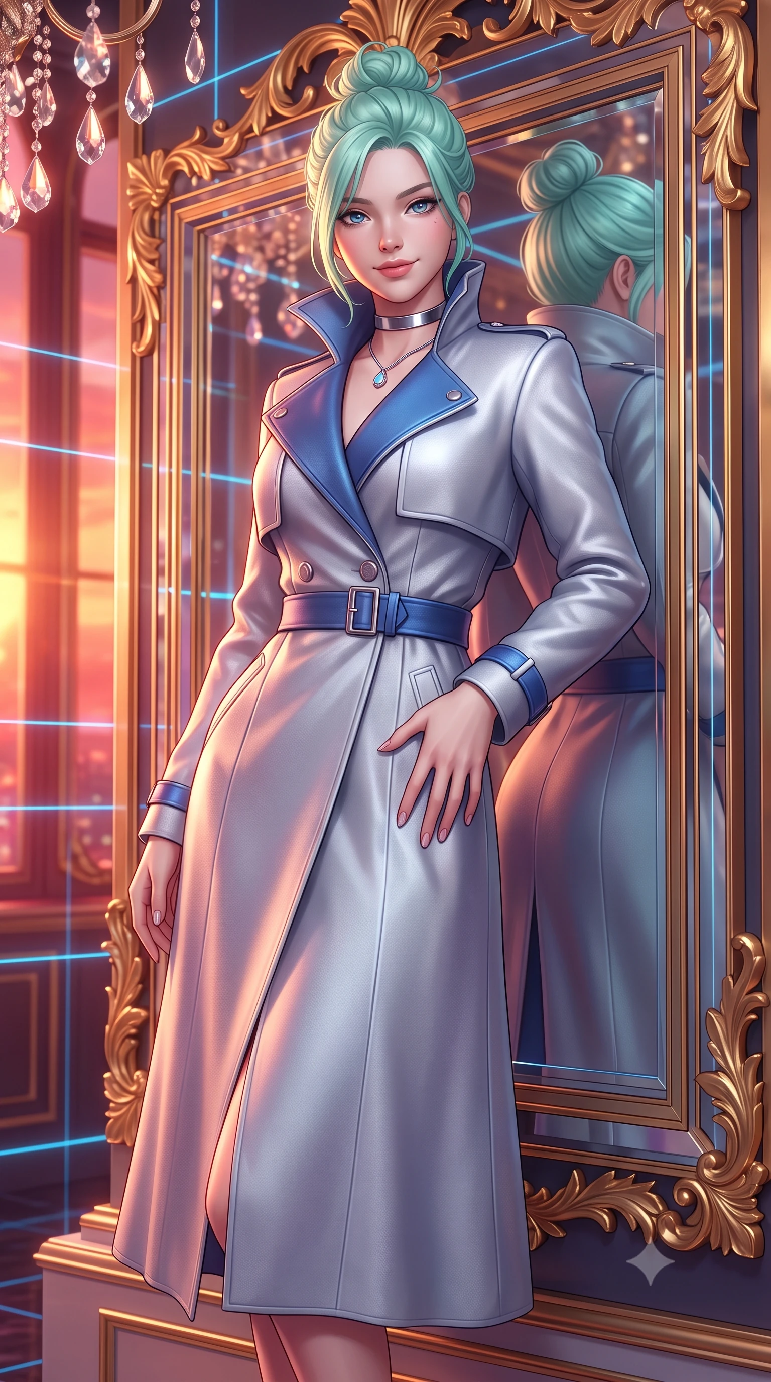 score_9, masterpiece, best quality, ultra-detailed, high-budget anime keyframe, semi-realistic 3D game render, editorial fashion photography, tasteful artistic composition, Japanese woman. close-up cowboy shot from the waist and thighs up, the character dominates the composition, filling the frame with her large presence. tilting her head with a teasing half-smile, running one hand slowly down the side of her hip in a flirtatious S-curve as ambient light caresses her silhouette while leaning against the gilded smart-mirror pier with hips cocked back, looking through infinite holographic reflections with intoxicated smoldering bedroom-eyes. The surrounding environment is rendered in vivid detail and crisp panoramic clarity: sharp crystal chandelier drops, recursive smart-mirror frame bevels, and gilded acanthus leaf carvings in deep focus. She has an exceptionally elegant, slender, and willowy female figure with an ultra-slim waist, flat toned midriff, narrow ribcage, and sculpted feminine hips creating an alluring, slim hourglass silhouette without bulk. sharp v-shaped jawline, high-bridge nose, intricate jewel-like sparkling eyes with depth, thick eyelashes, glossy parted lips with a natural peach sheen, bright cheerful beaming smile with an enchanting and coquettish sensual glint, exuding both youthful cute charm and seductive allure, flawlessly proportioned anatomical accuracy, strict slender model proportions, natural body alignment, perfectly sculpted long slender limbs, ultra-slim waistline, clean dynamic posture without body distortion. wearing a tailored high-collar cyberpunk tech-trench coat with magnetic buckle closures and wide storm flaps in Shackleton lunar ice silver and Earthrise cobalt, crafted from bespoke double-faced cashmere with an exceptionally soft tactile finish, finished with a minimalist chrome choker and a single teardrop diamond pendant, the bespoke structured tailoring following the natural line of her 8.5-heads silhouette with refined elegance. bathed in the blinding golden hour 2800K palace sunset mixed with delicate cyan laser grid lines. highly saturated vibrant anime colors, detailed shading with soft gradients, rich glossy textures, high-contrast stereoscopic depth, volumetric dynamic lighting, master piece, 9:16 ratio