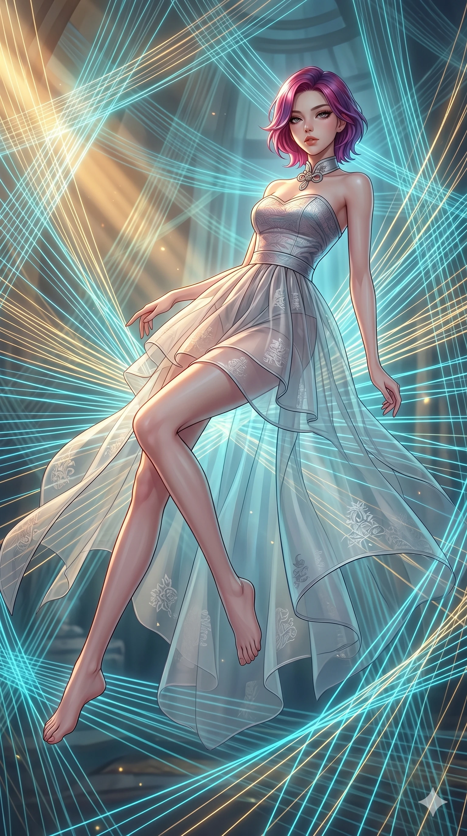 score_9, masterpiece, best quality, ultra-detailed, high-budget anime keyframe, Japanese woman. low angle full-body shot filling the entire 9:16 frame with her statuesque presence, stretching the vertical silhouette. floating suspended in an ethereal loom room where millions of luminescent cyan and gold threads intersect and weave geometric patterns. She has an absolutely perfect 8-heads proportion, an exceptionally tall and slender female figure with impossibly long slender legs and an ultra-slim waist. V-shaped jawline, high-bridge nose, intricate jewel-like eyes with depth, thick eyelashes, glossy lips with a natural sheen.. wearing a modern fusion silk hanbok dress, featuring a silk bustier top, layered sheer organza skirts, and a traditional knot choker. showcasing a beautiful play of light and shadow, with warm golden rays clashing against cool cyan highlights. 2k, ultra detail, master piece, 9:16 ratio